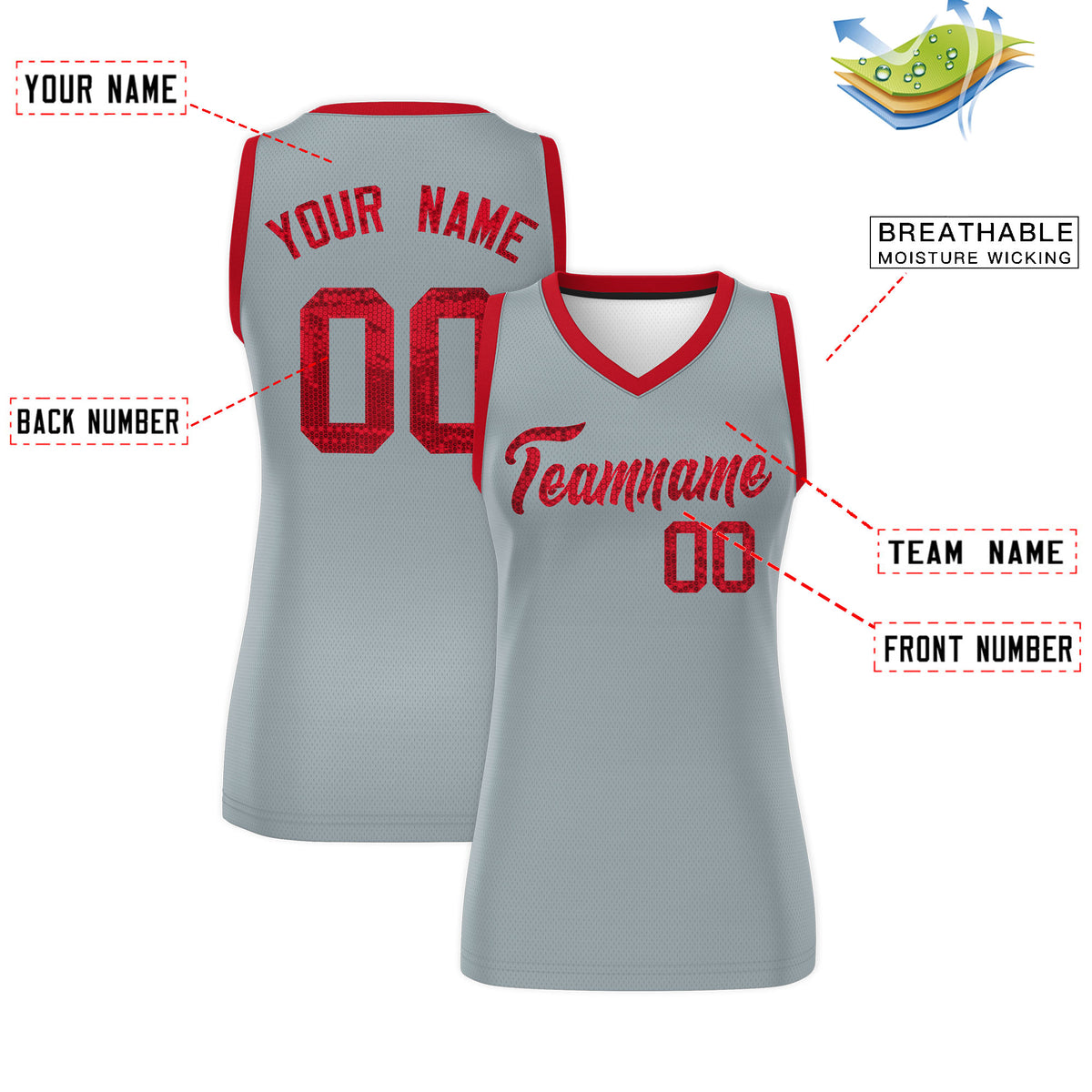 Custom Silver Red Women Basketball Jersey Dress