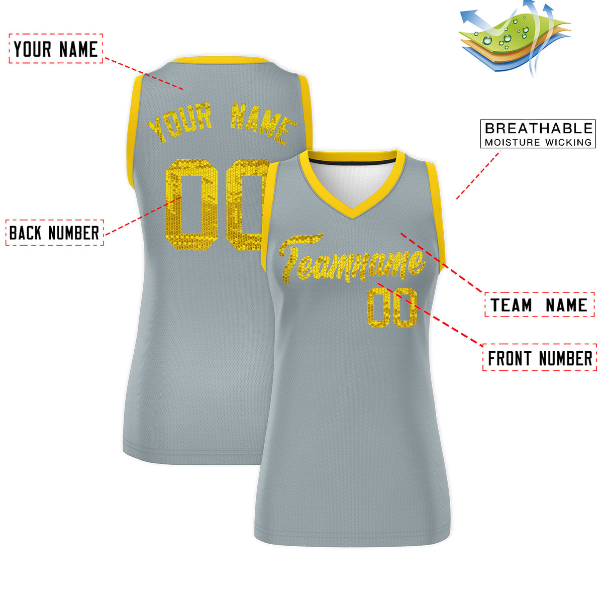 Custom Silver Gold Women Basketball Jersey Dress