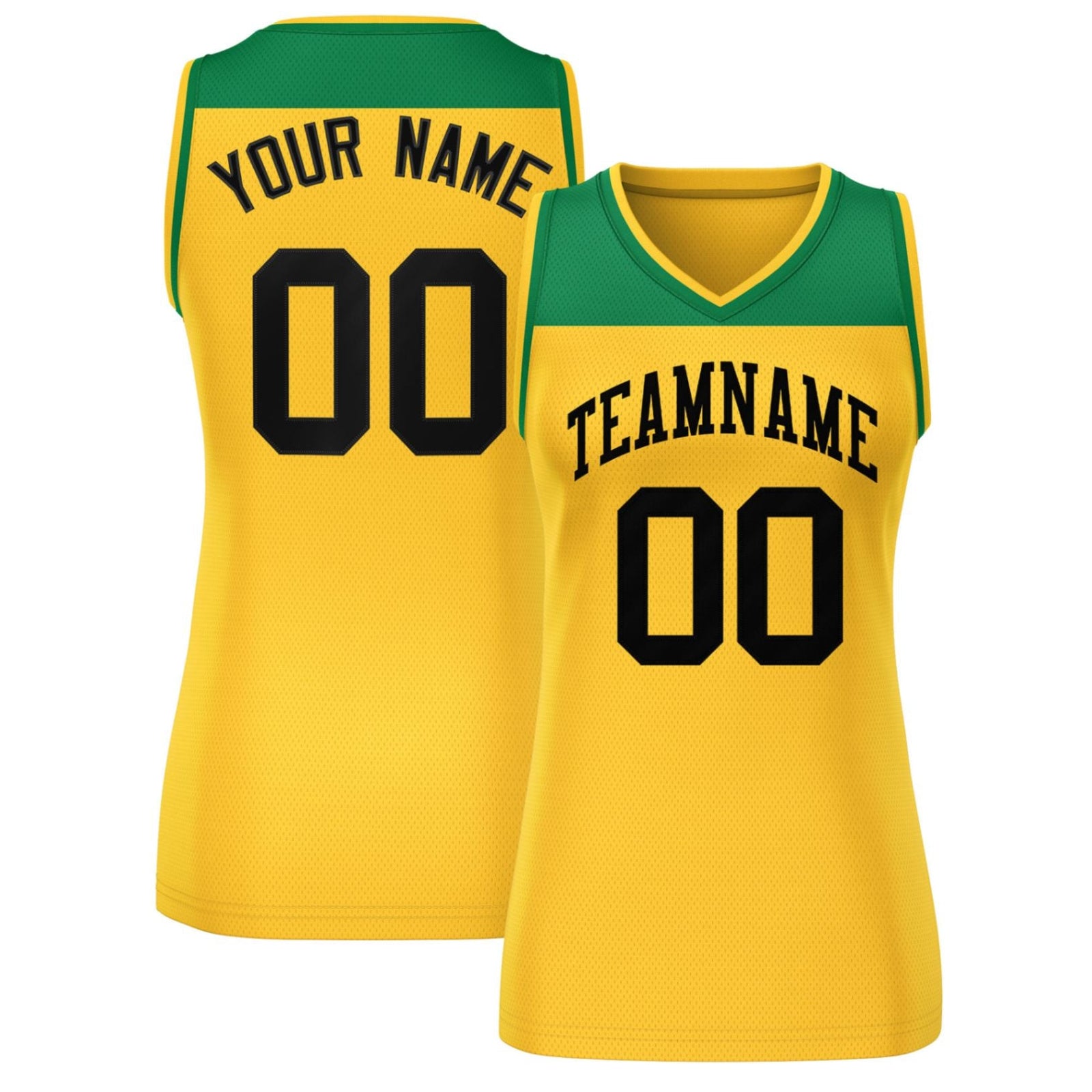 Custom Kelly Green Gold Color Block Fashion Tops Mesh Basketball Jersey For Women