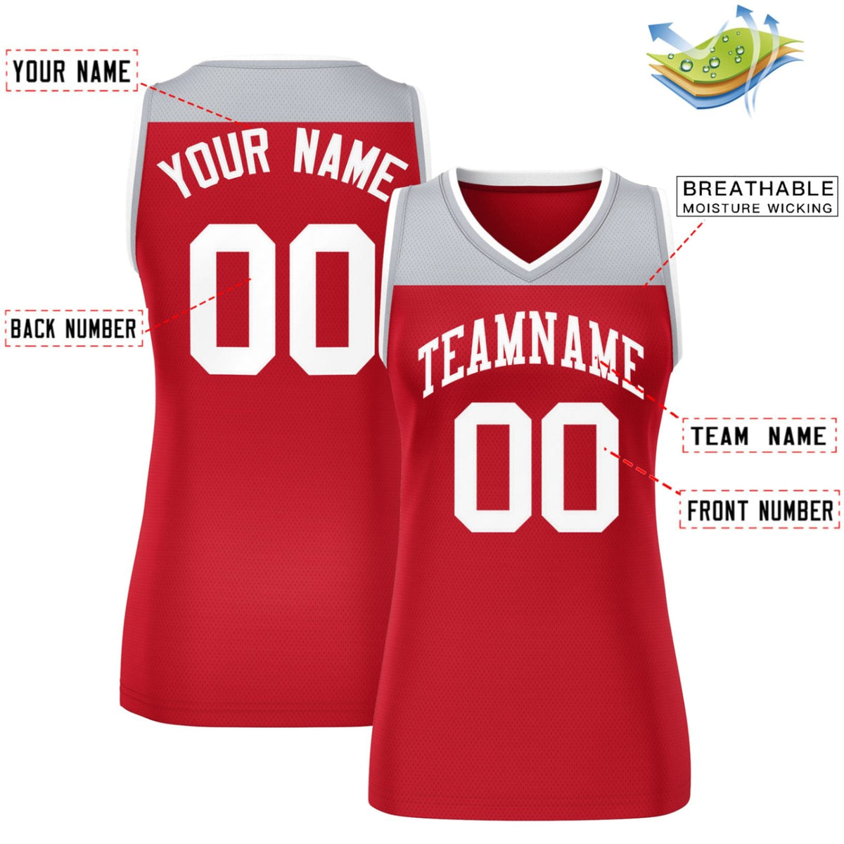 Custom Gray Red Color Block Fashion Tops Mesh Basketball Jersey For Women