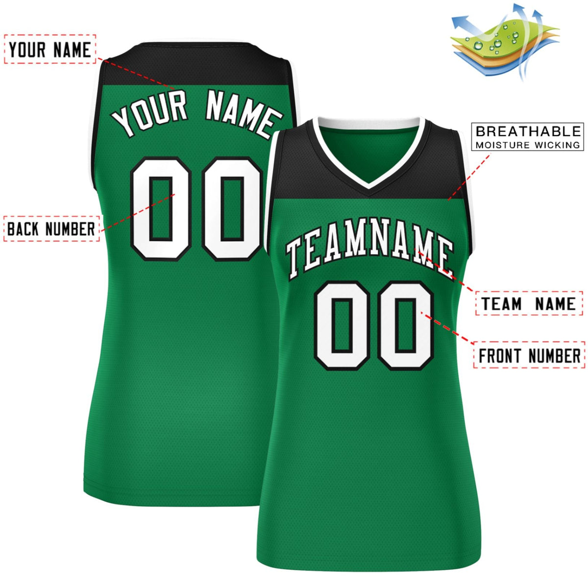 Custom Black Kelly Green Color Block Fashion Tops Mesh Basketball Jersey For Women