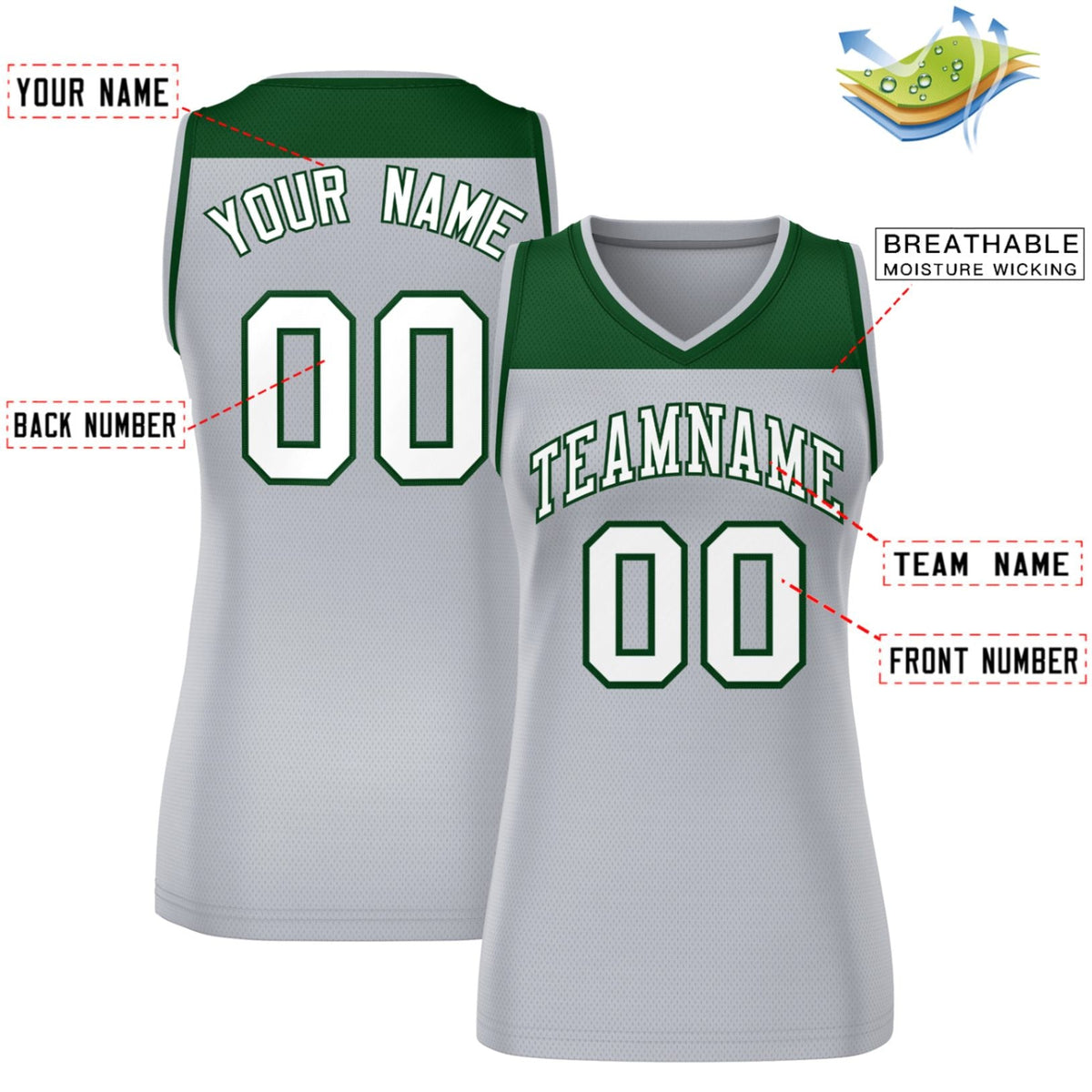 Custom Green Gray Color Block Fashion Tops Mesh Basketball Jersey For Women