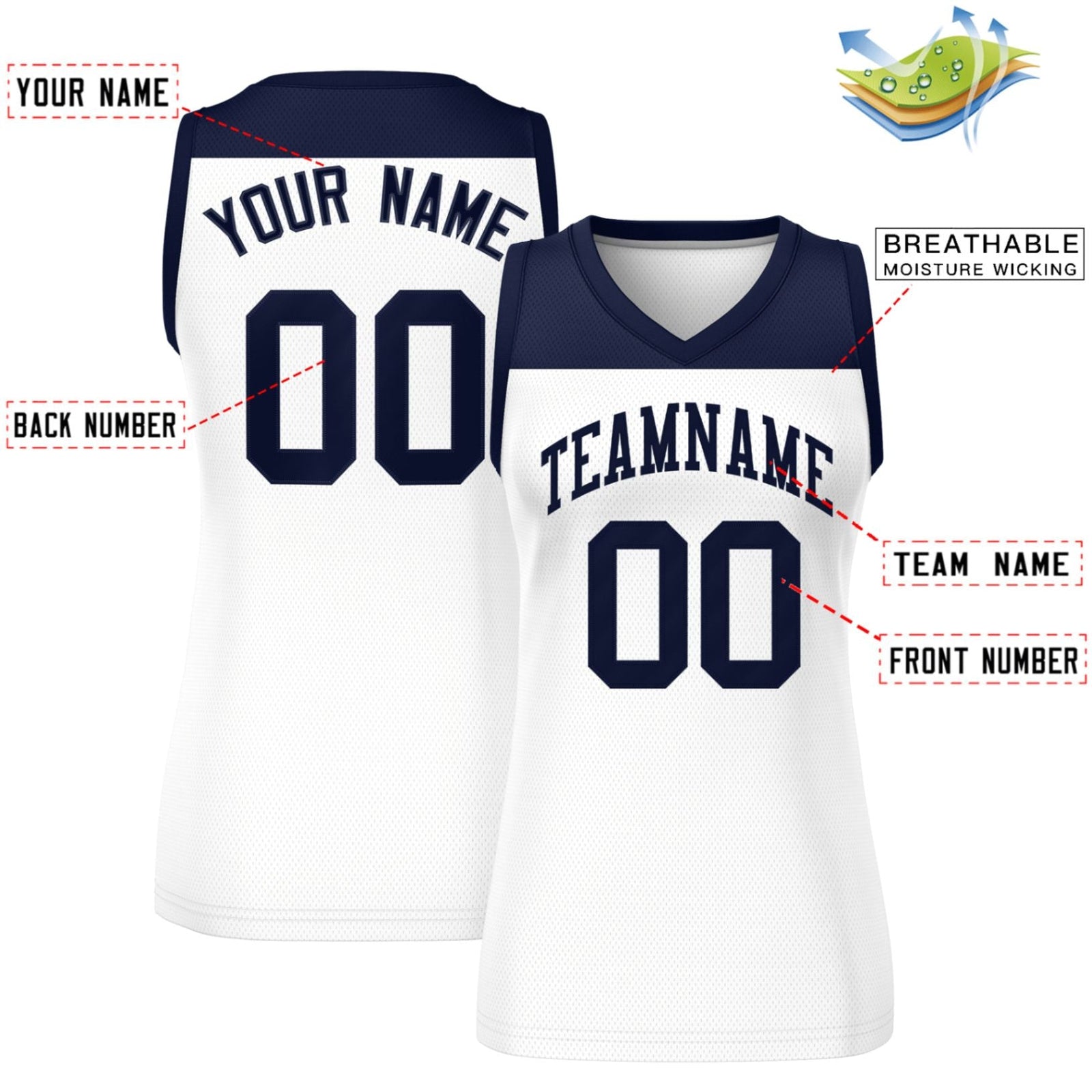 Custom Navy White Color Block Fashion Tops Mesh Basketball Jersey For Women