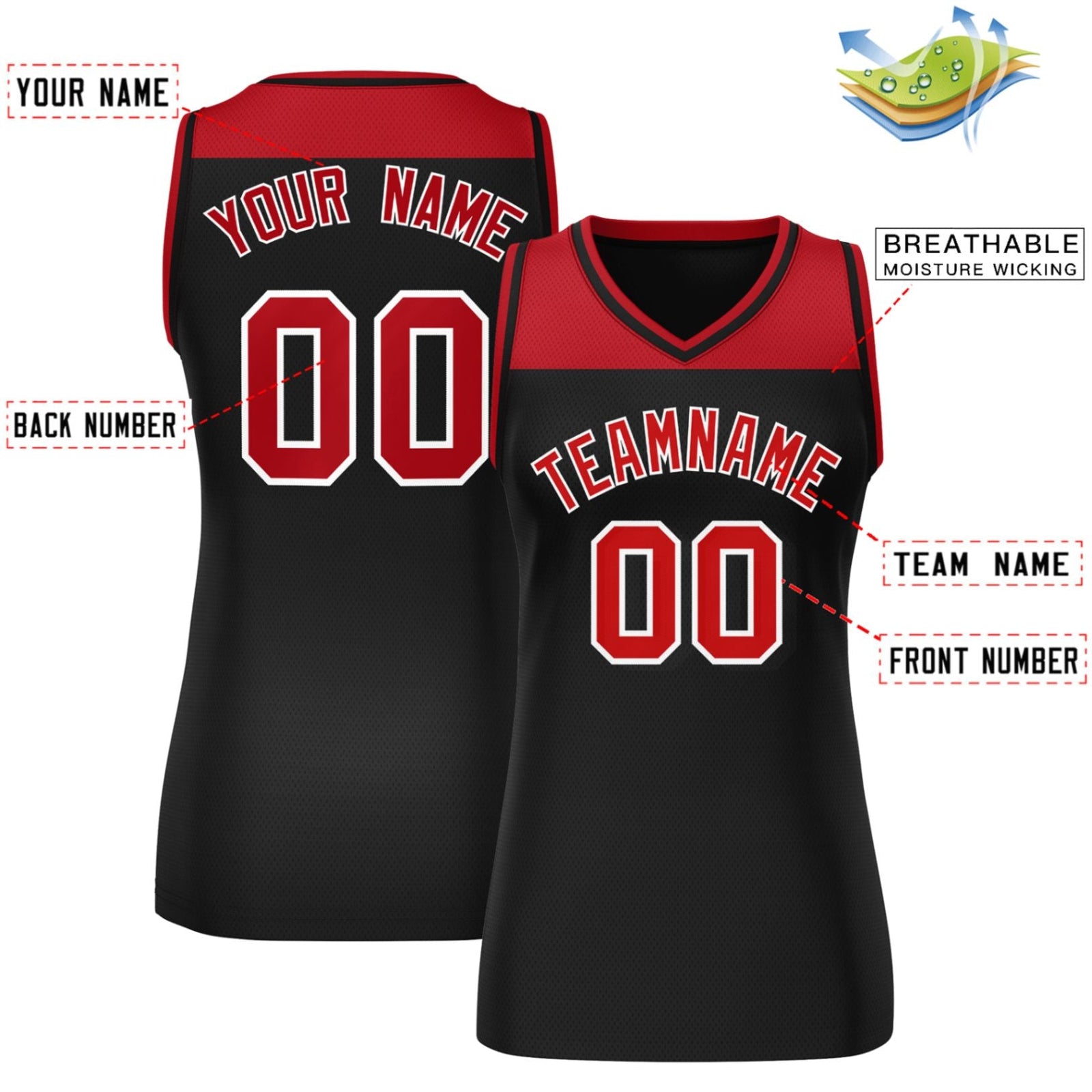 Custom Red Black Color Block Fashion Tops Mesh Basketball Jersey For Women