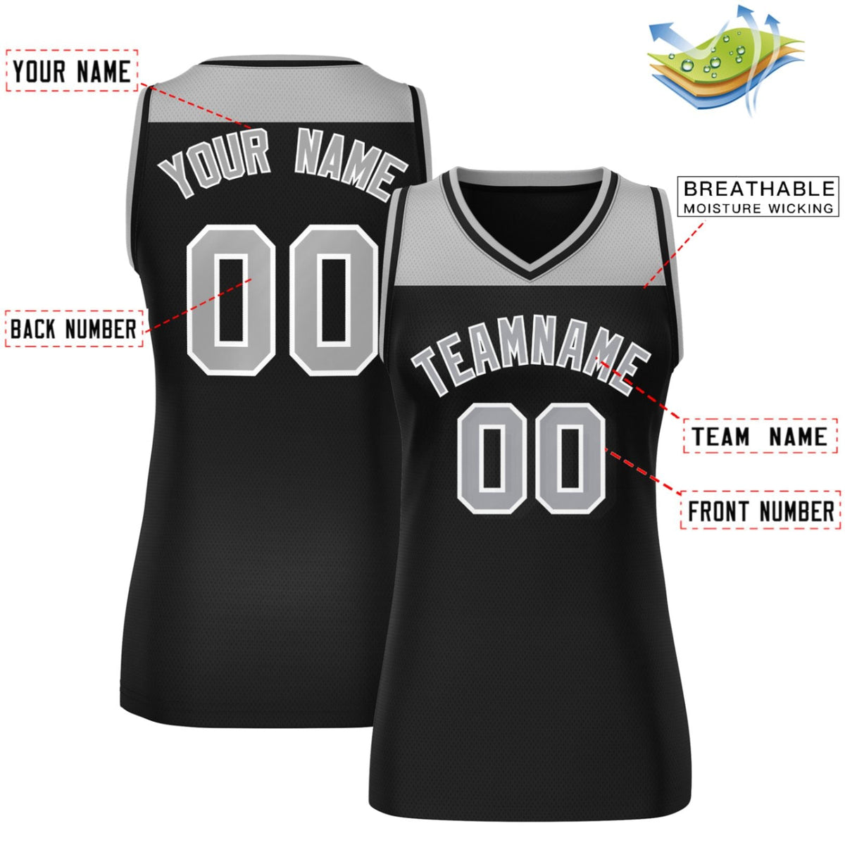 Custom Gray Black Color Block Fashion Tops Mesh Basketball Jersey For Women