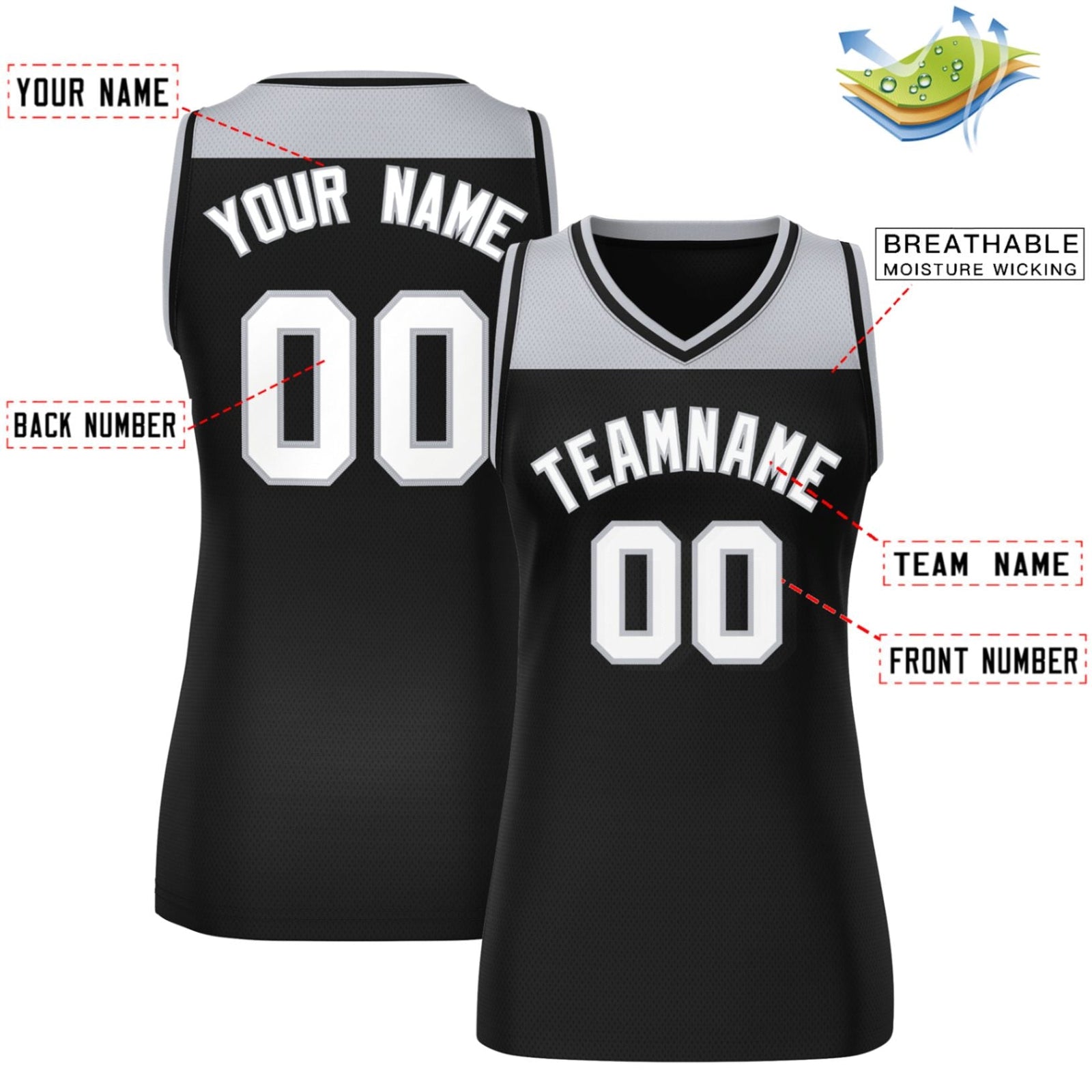 Custom Gray Black Color Block Fashion Tops Mesh Basketball Jersey For Women