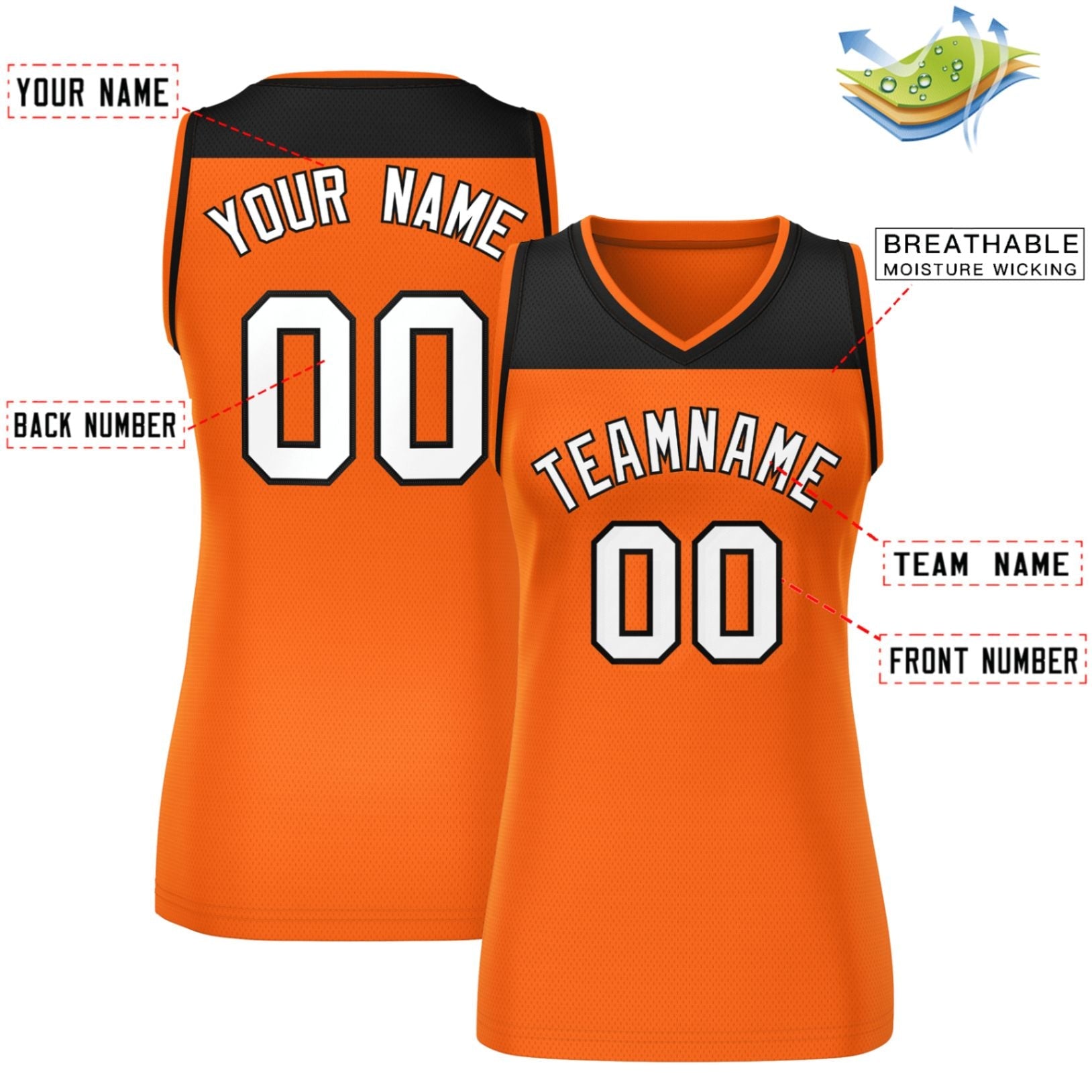 Custom Black Orange Color Block Fashion Tops Mesh Basketball Jersey For Women