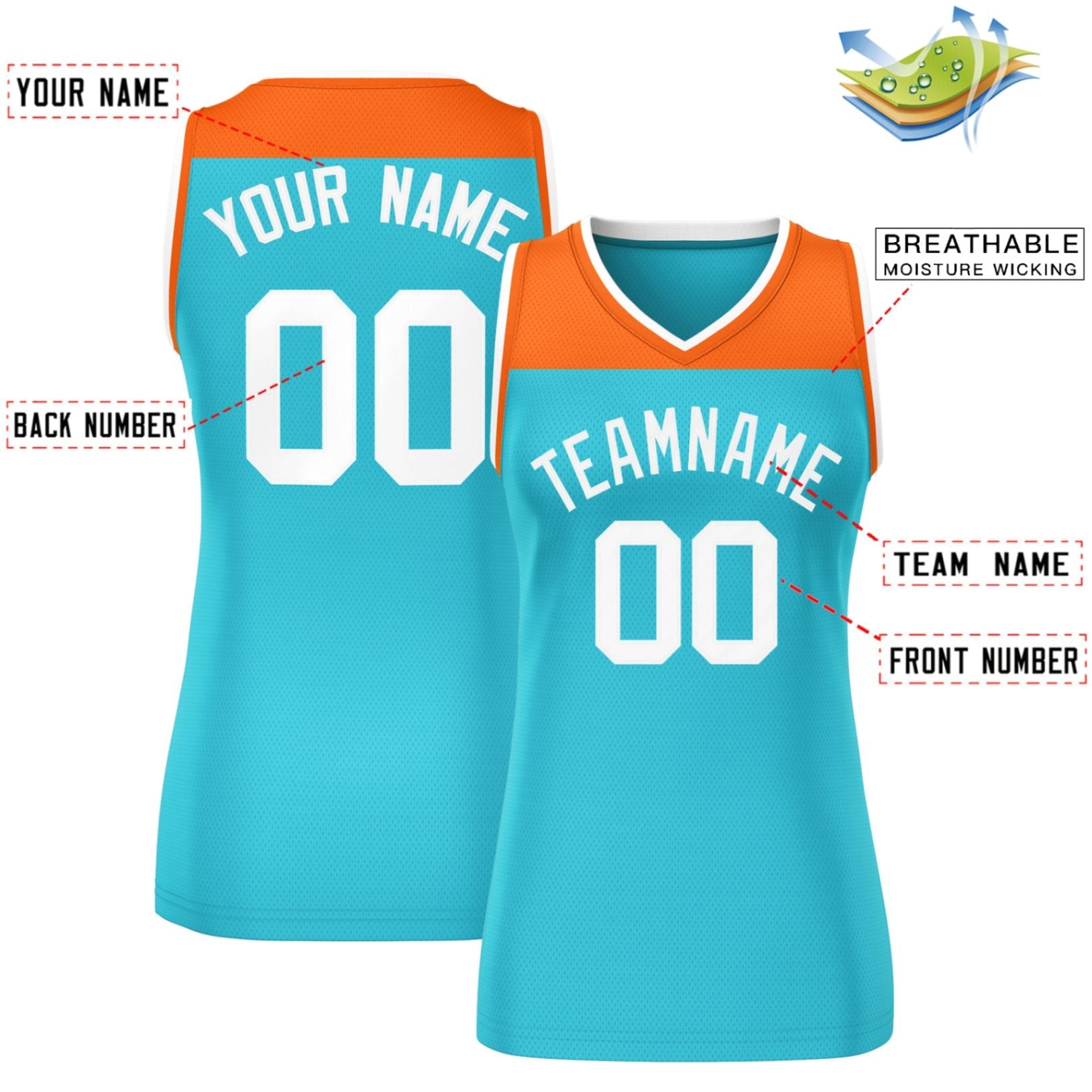 Custom Orange Aqua Color Block Fashion Tops Mesh Basketball Jersey For Women
