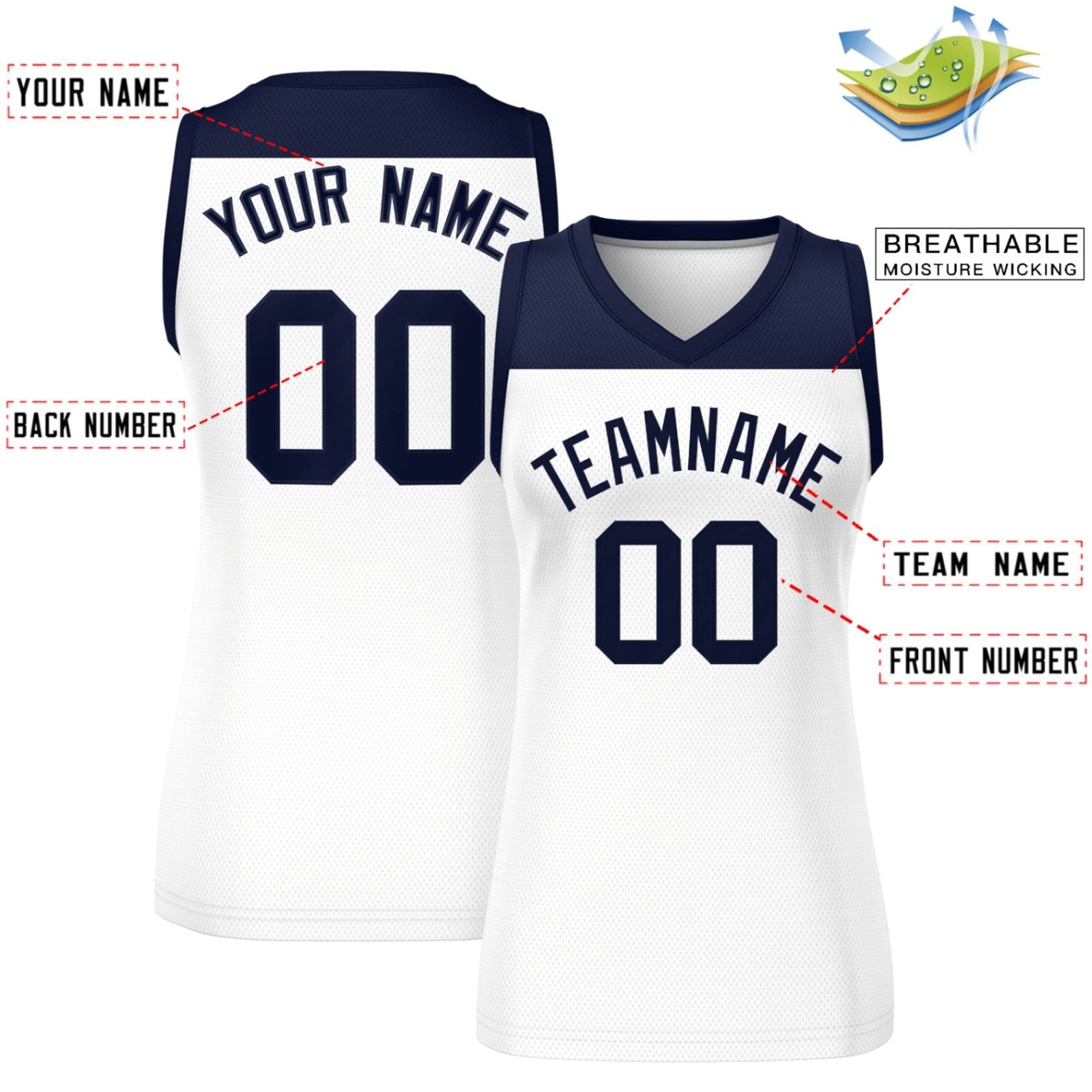 Custom Navy White Color Block Fashion Tops Mesh Basketball Jersey For Women
