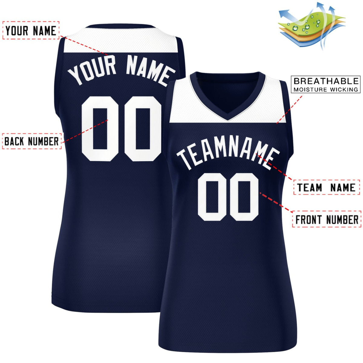 Custom White Navy Color Block Fashion Tops Mesh Basketball Jersey For Women