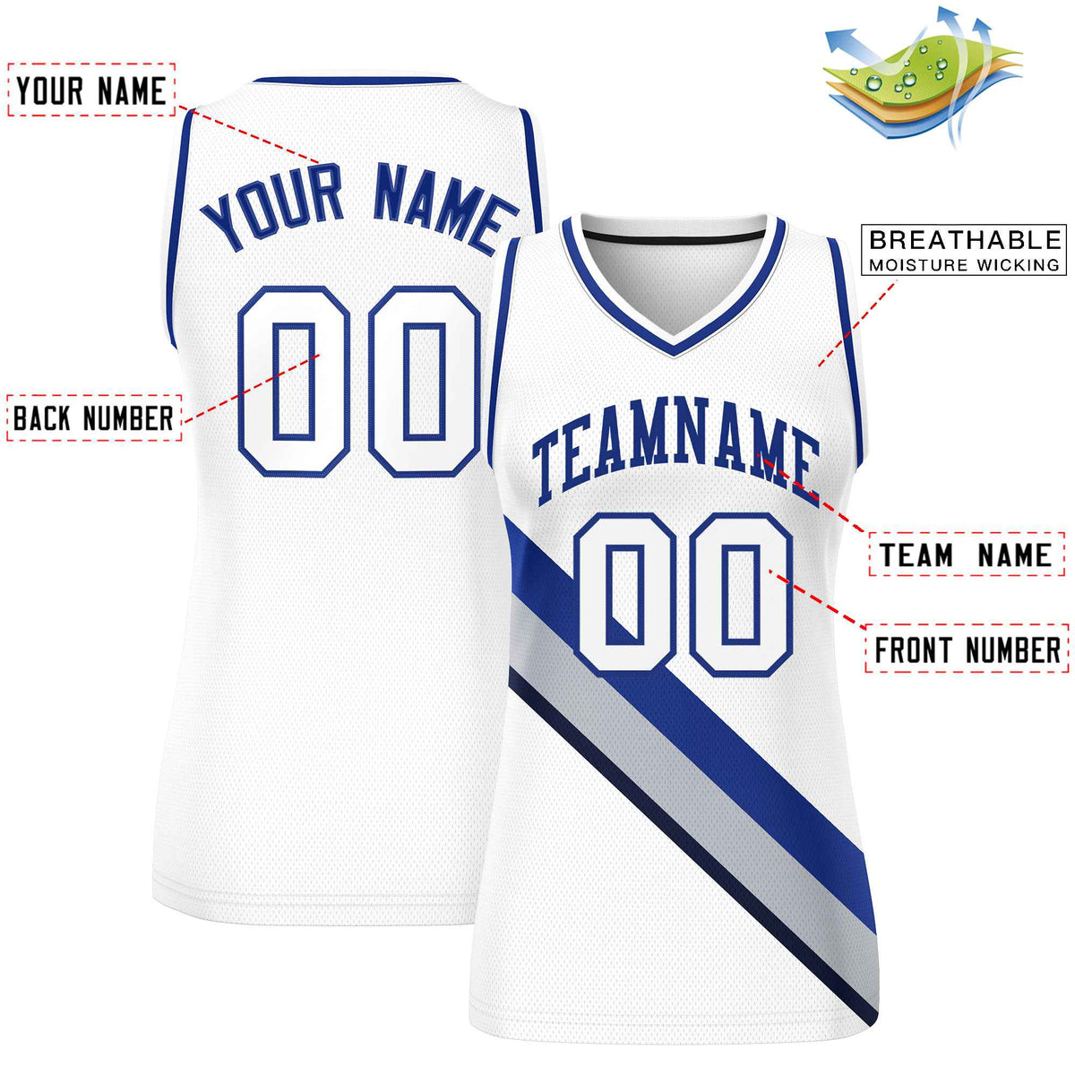 Custom White Navy-White Thick Slash Fashion Tops Mesh Basketball Jersey For Women