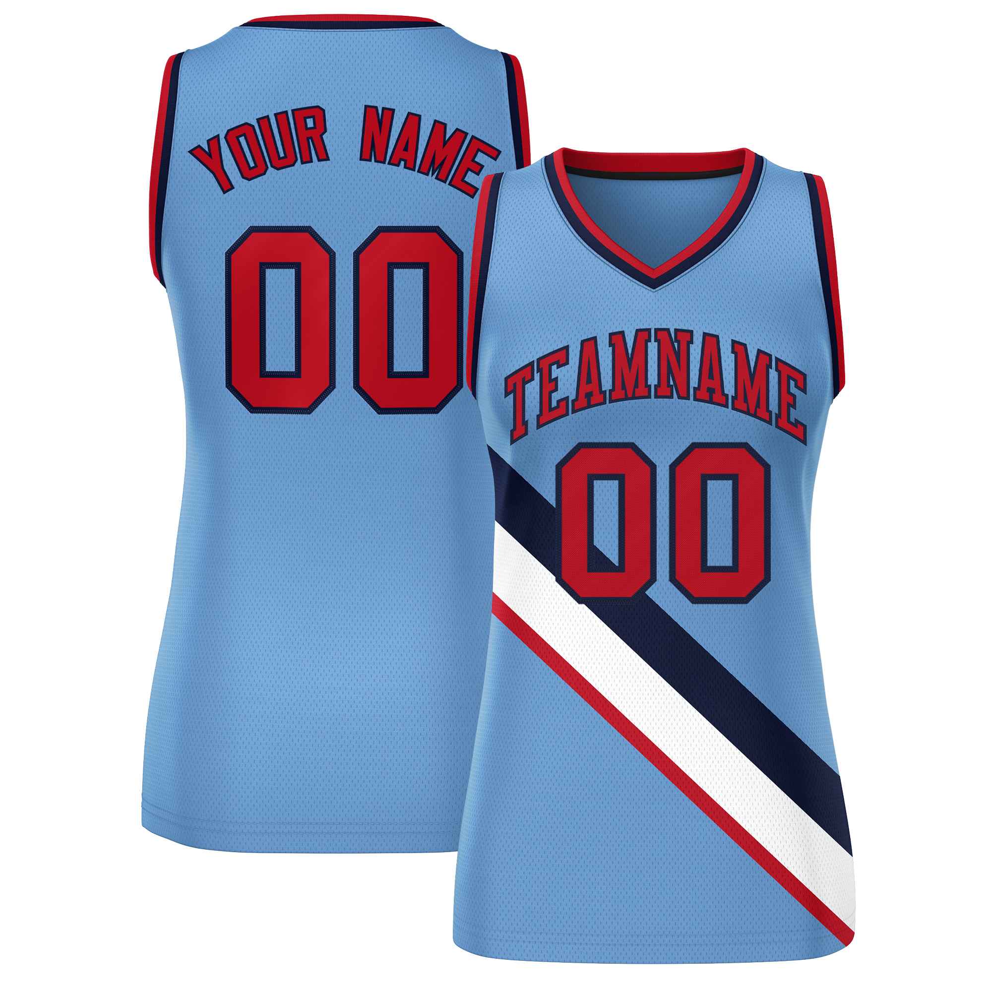 Custom Light Blue Navy-Red Thick Slash Fashion Tops Mesh Basketball Jersey For Women