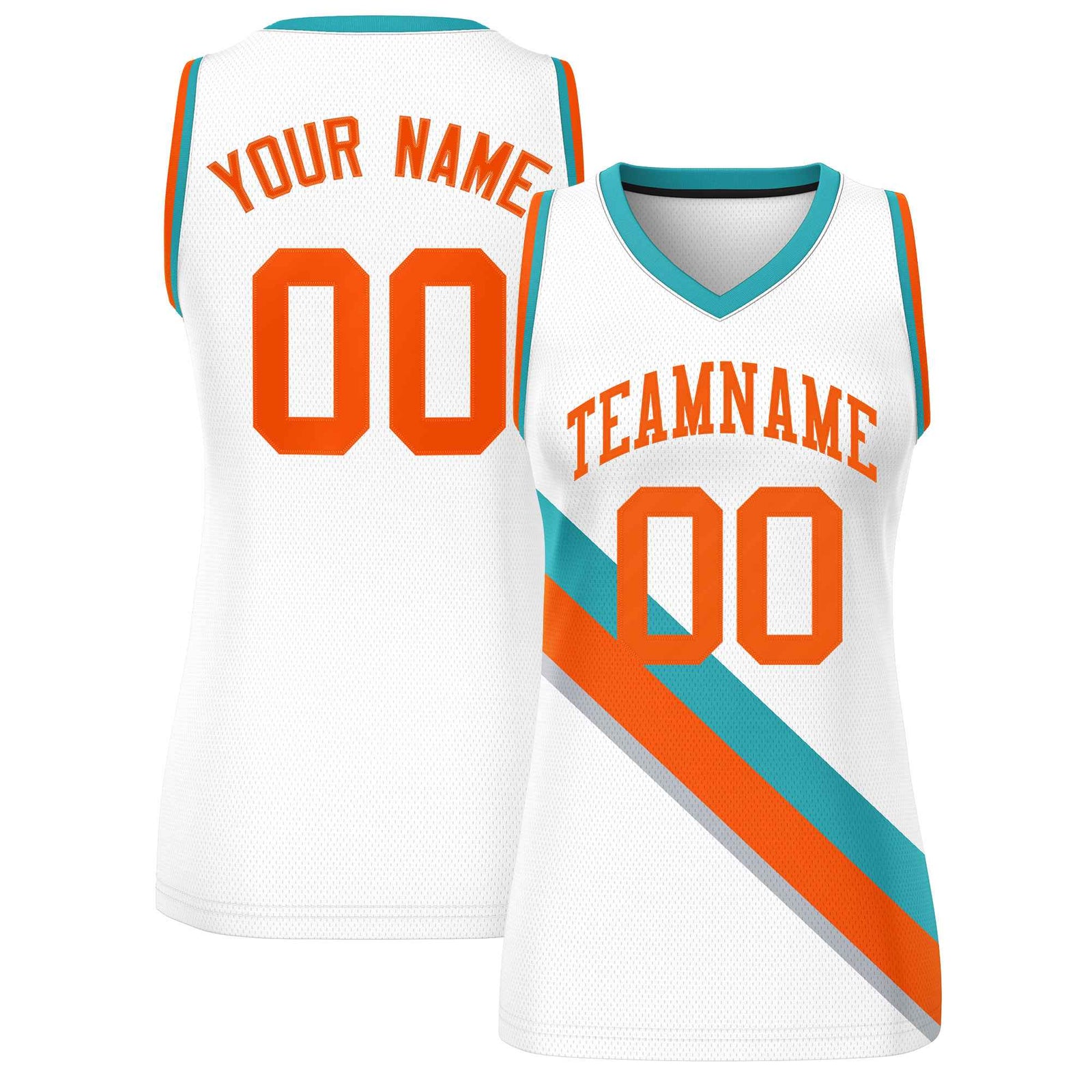 Custom White Aqua-Orange Thick Slash Fashion Tops Mesh Basketball Jersey For Women