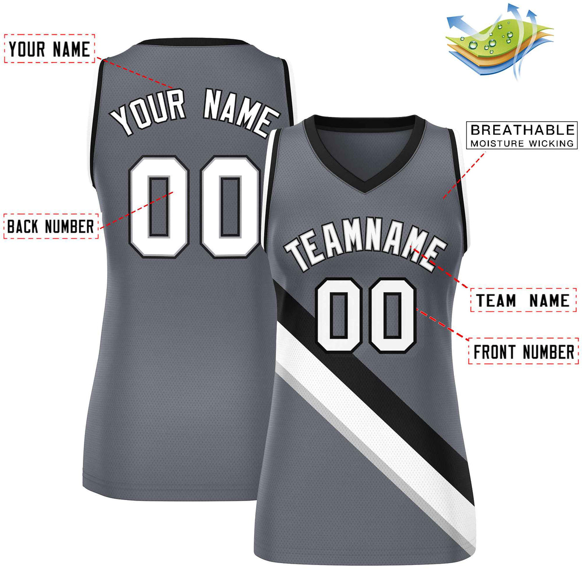 Custom Dark Gray Black-White Thick Slash Fashion Tops Mesh Basketball Jersey For Women