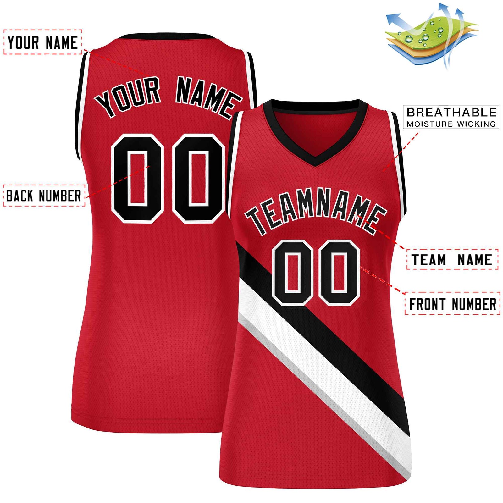 Custom Red Black-White Thick Slash Fashion Tops Mesh Basketball Jersey For Women