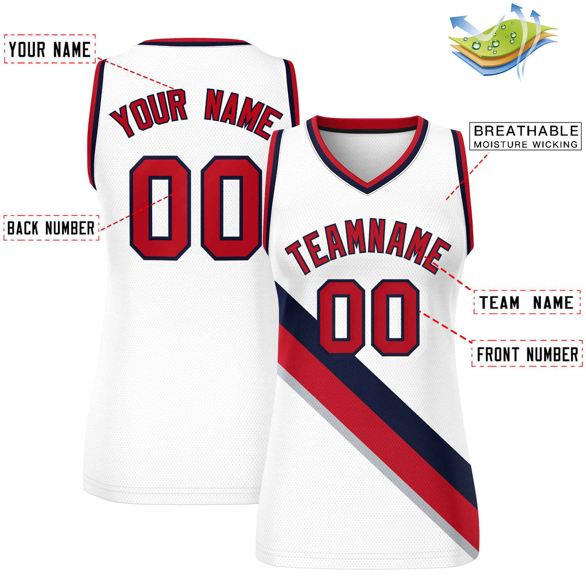 Custom White Navy-Red Thick Slash Fashion Tops Mesh Basketball Jersey For Women