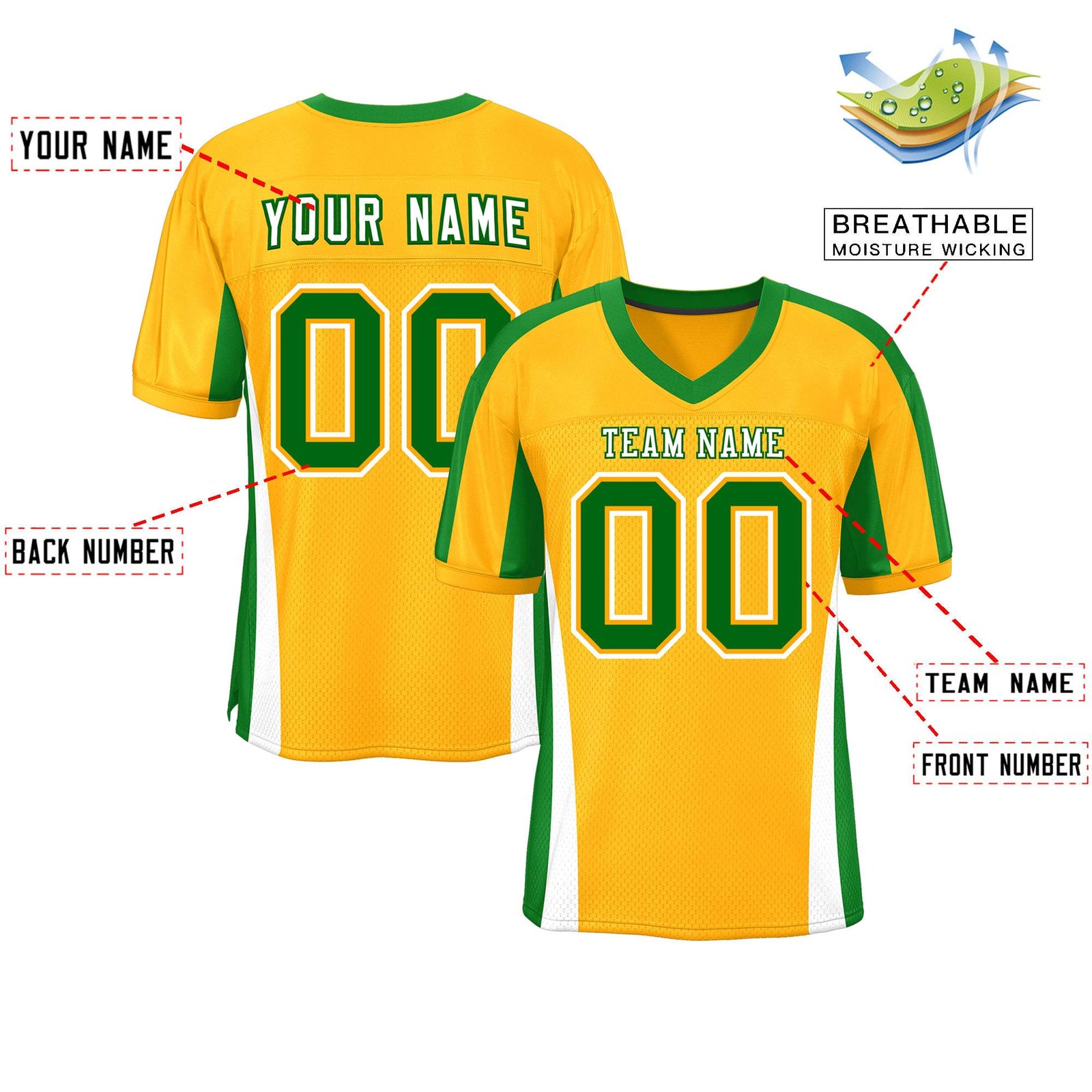 Custom Yellow Color Block Mesh Authentic Football Jersey