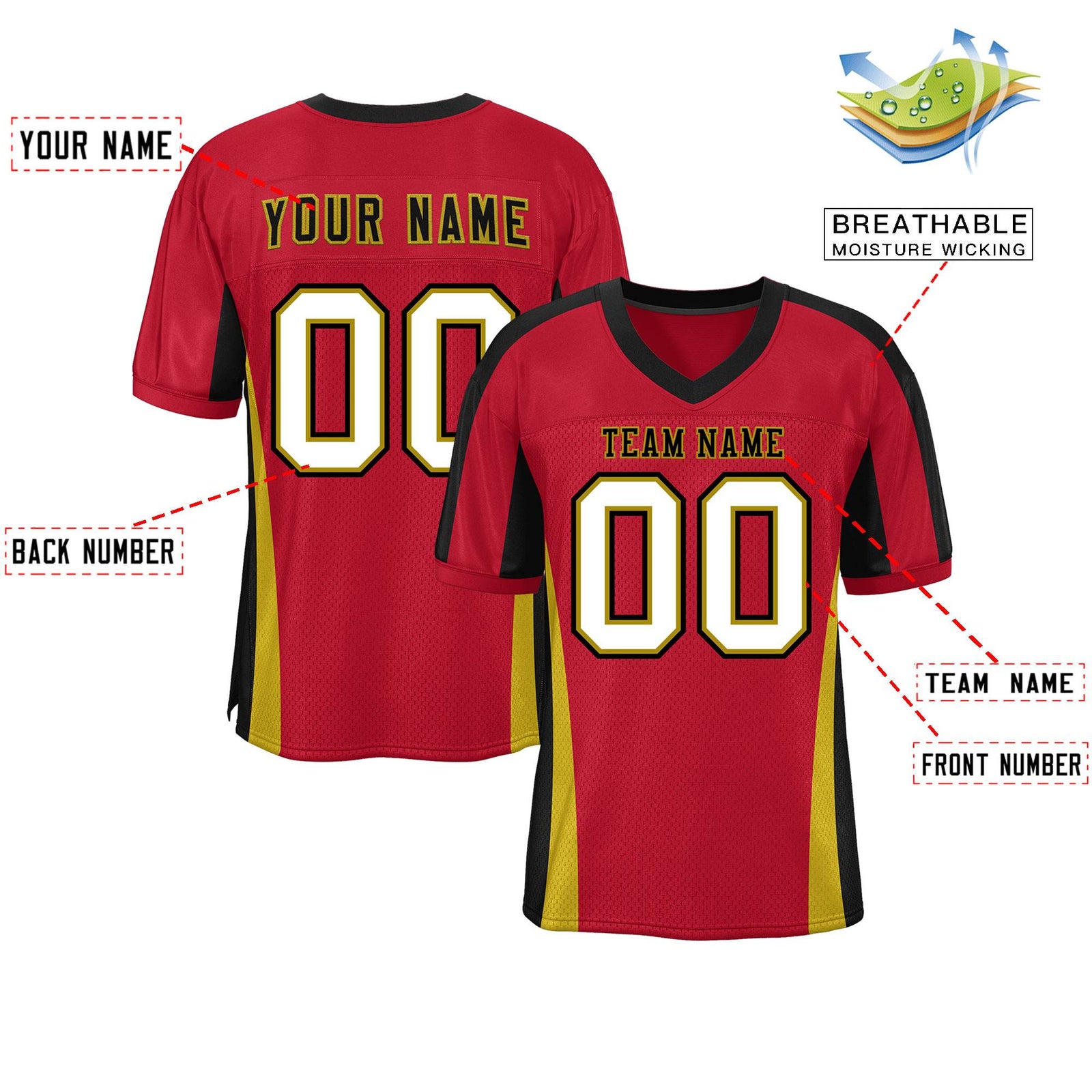 Custom Red Color Block Mesh Authentic Football Jersey