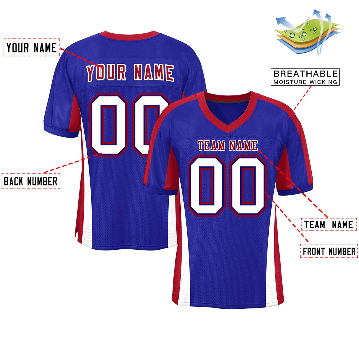 Custom Royal Color Block Mesh Authentic Football Jersey