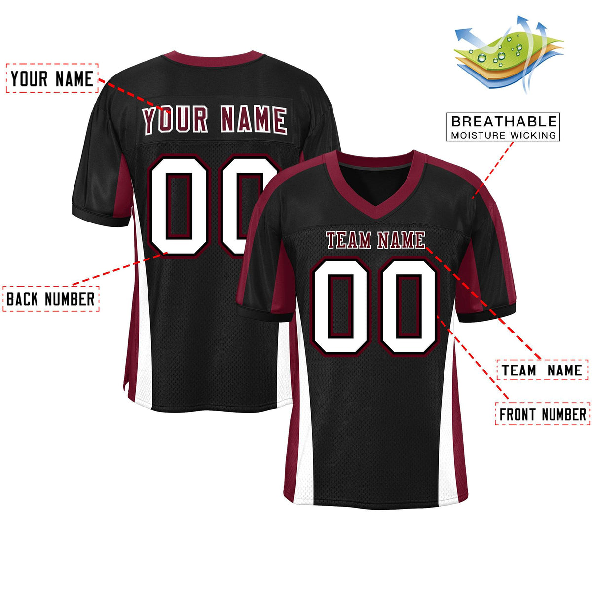 Custom Black Color Block Mesh Authentic Football Jersey