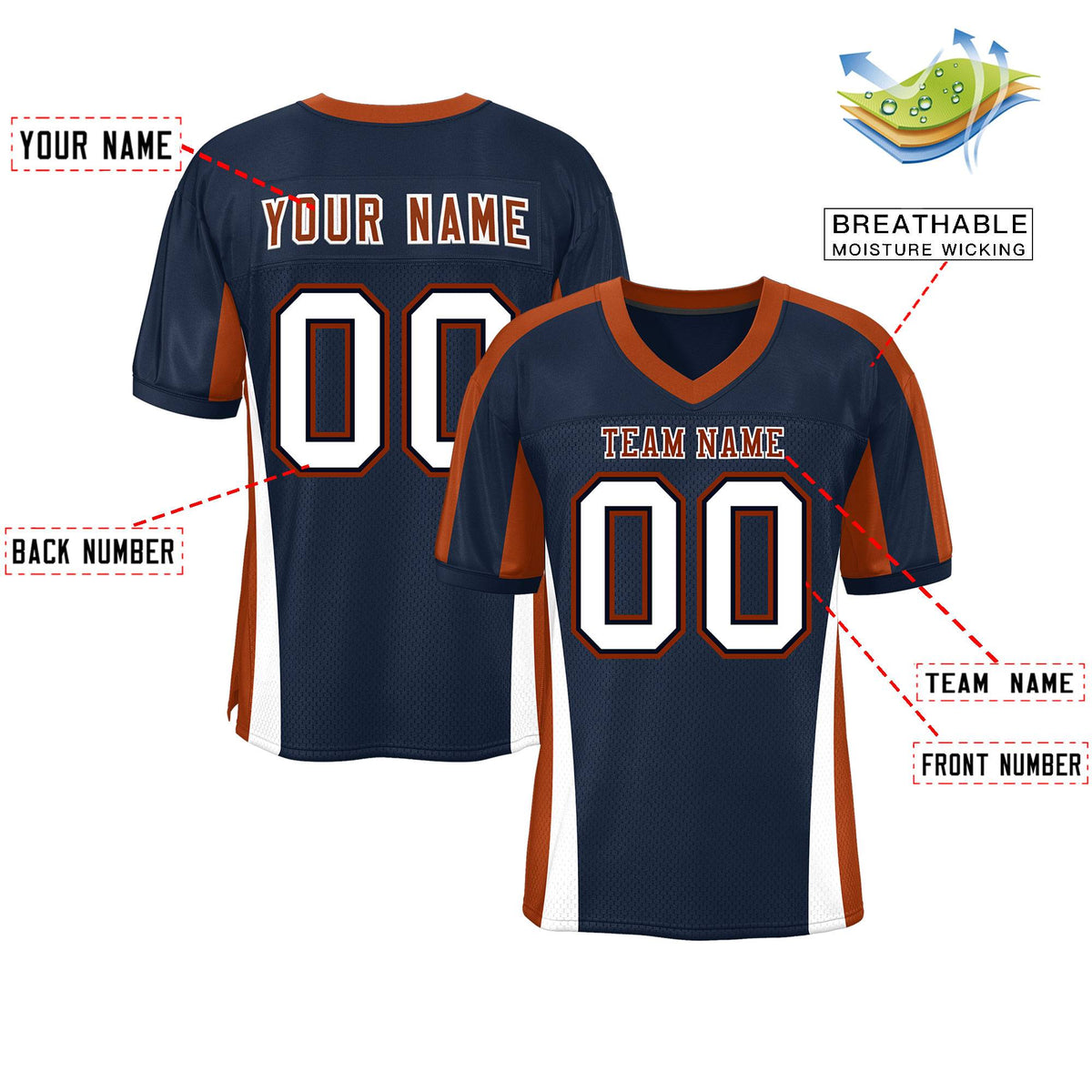 Custom Navy Color Block Mesh Authentic Football Jersey