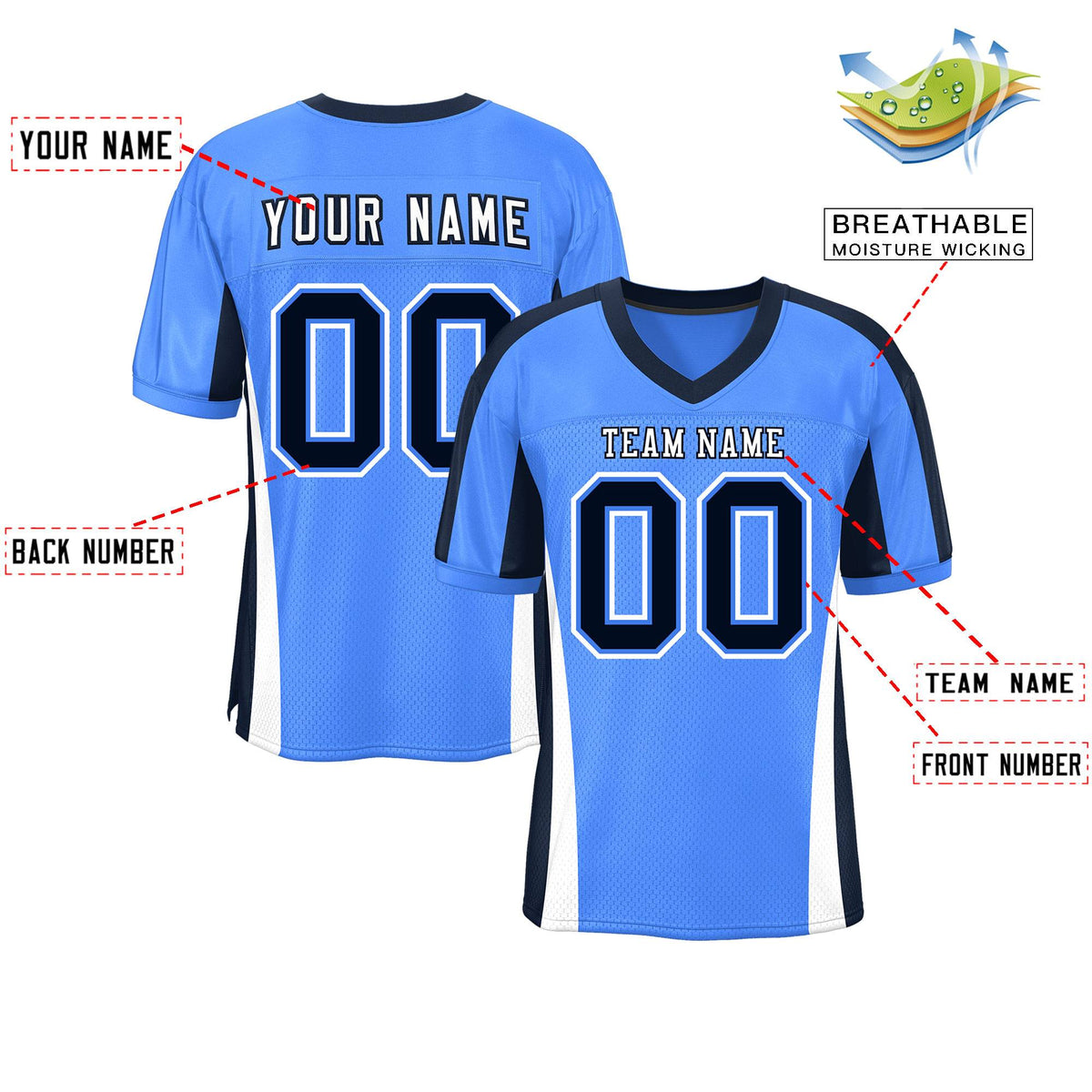 Custom Powder Blue Color Block Mesh Authentic Football Jersey