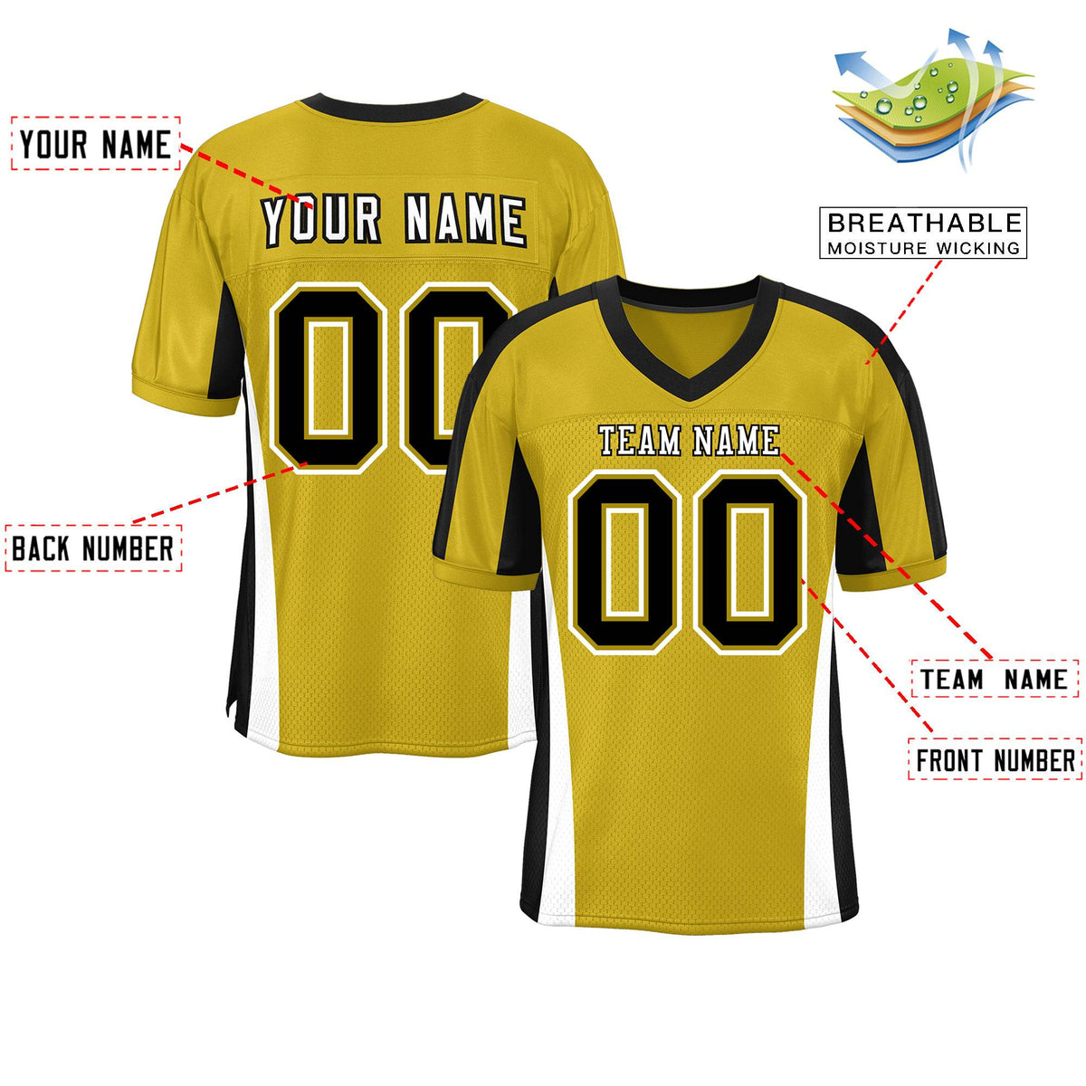 Custom Old Gold Color Block Mesh Authentic Football Jersey