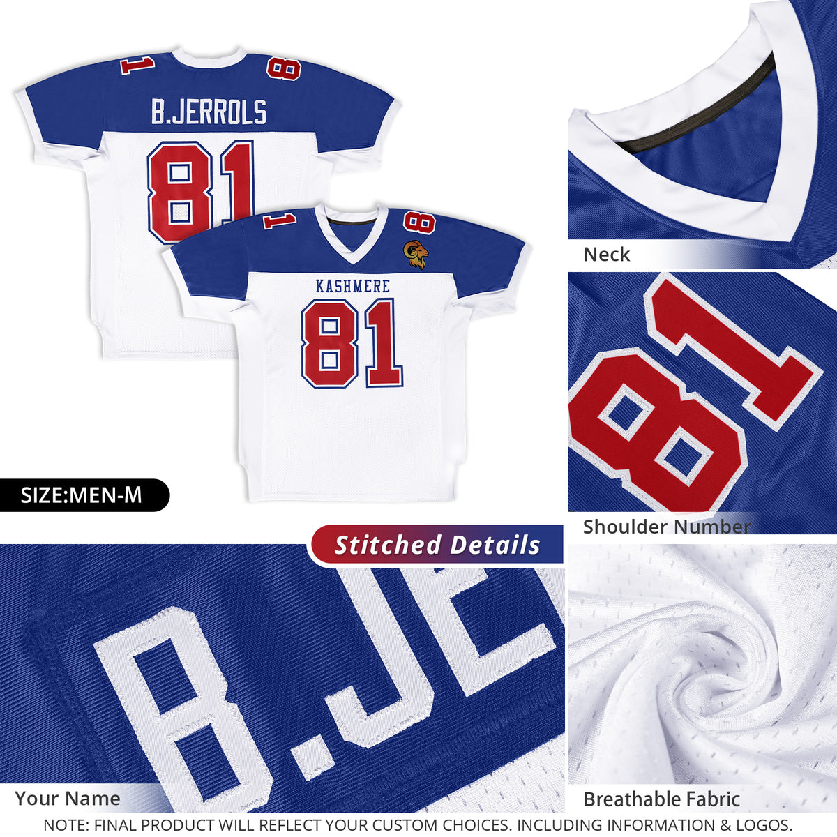Custom White-Royal Raglan Sleeves Fashion Authentic Football Jersey