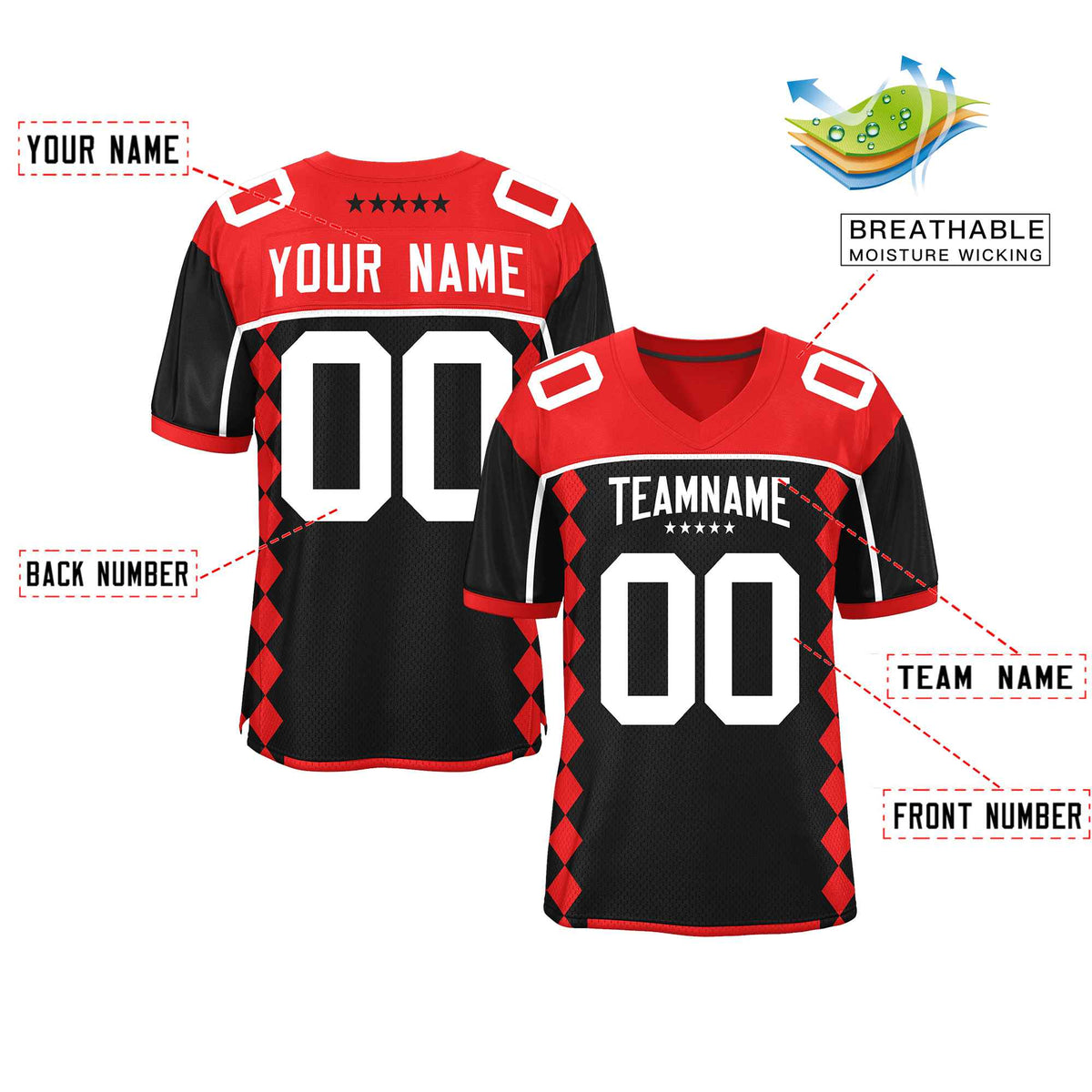 Custom Red Black Raglan Sleeves Side Blocks Pattern Authentic Football Jersey