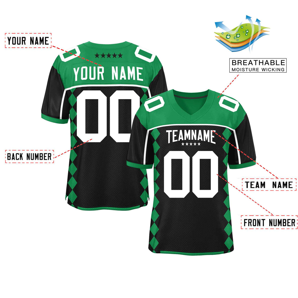 Custom Kelly Green Black Raglan Sleeves Side Blocks Pattern Authentic Football Jersey