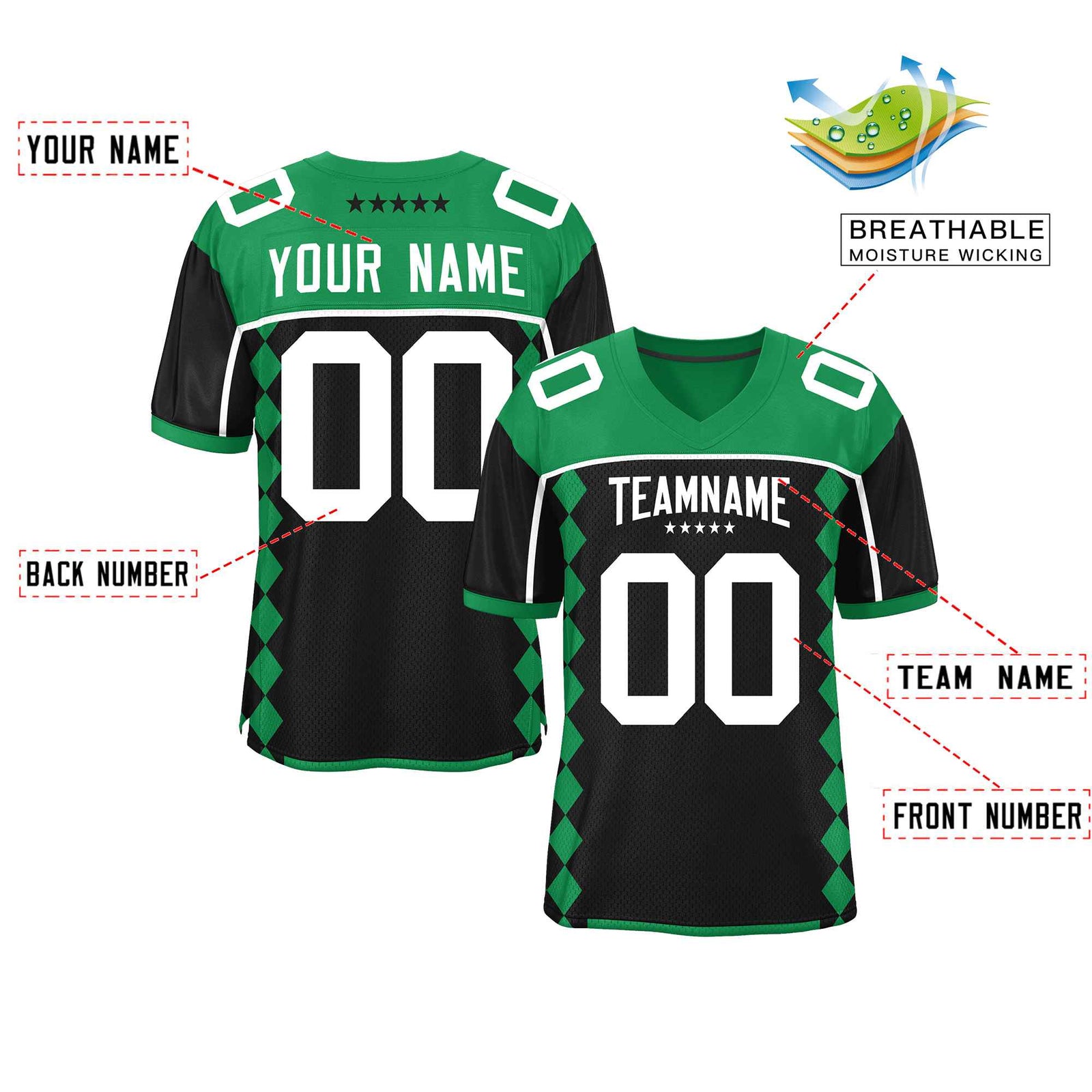 Custom Kelly Green Black Raglan Sleeves Side Blocks Pattern Authentic Football Jersey