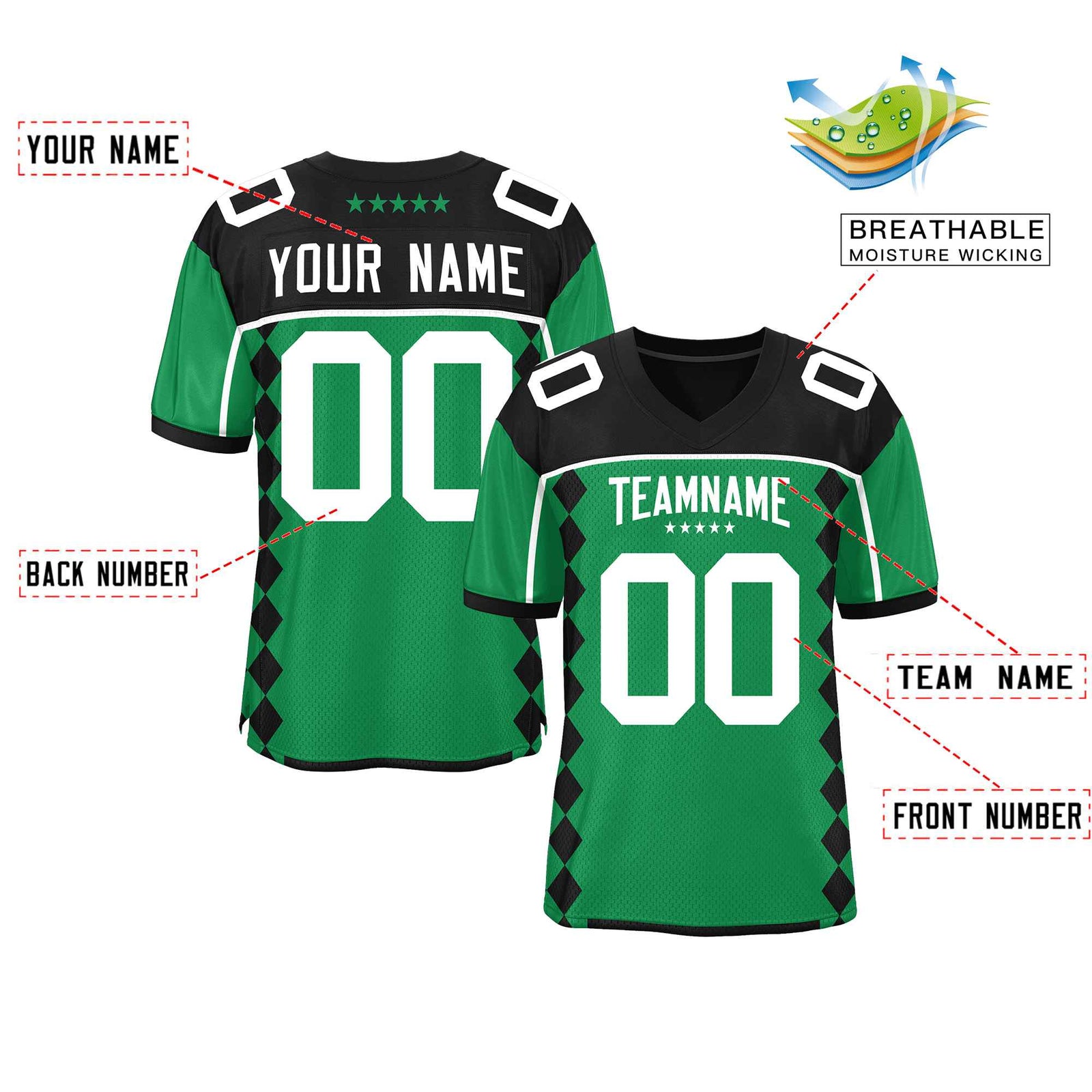 Custom Black Kelly Green Raglan Sleeves Side Blocks Pattern Authentic Football Jersey