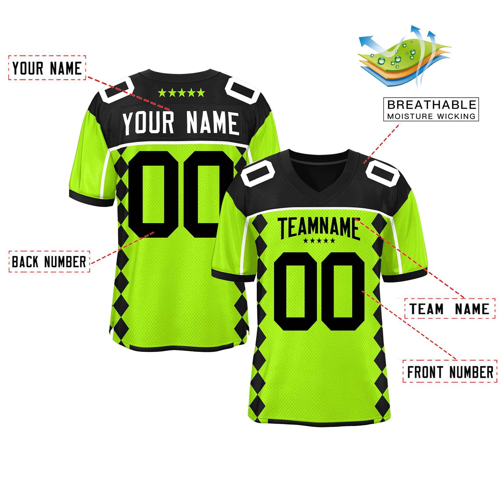 Custom Black Neon Green Raglan Sleeves Side Blocks Pattern Authentic Football Jersey