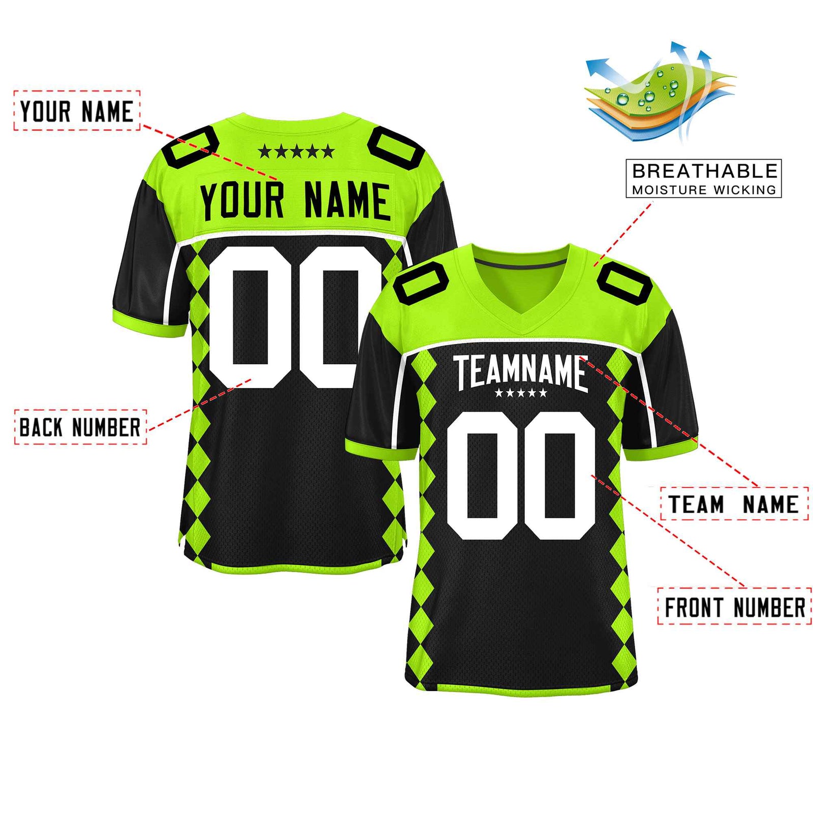 Custom Neon Green Black Raglan Sleeves Side Blocks Pattern Authentic Football Jersey