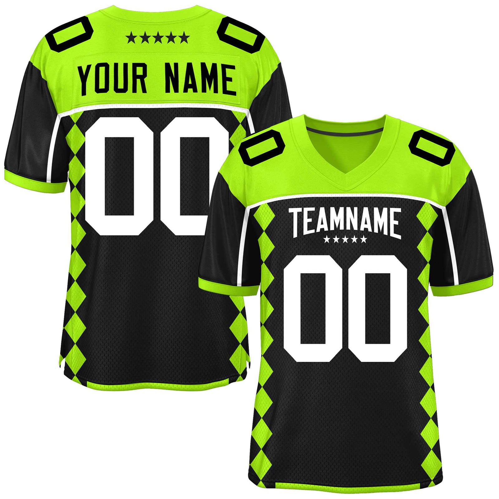 Custom Neon Green Black Raglan Sleeves Side Blocks Pattern Authentic Football Jersey