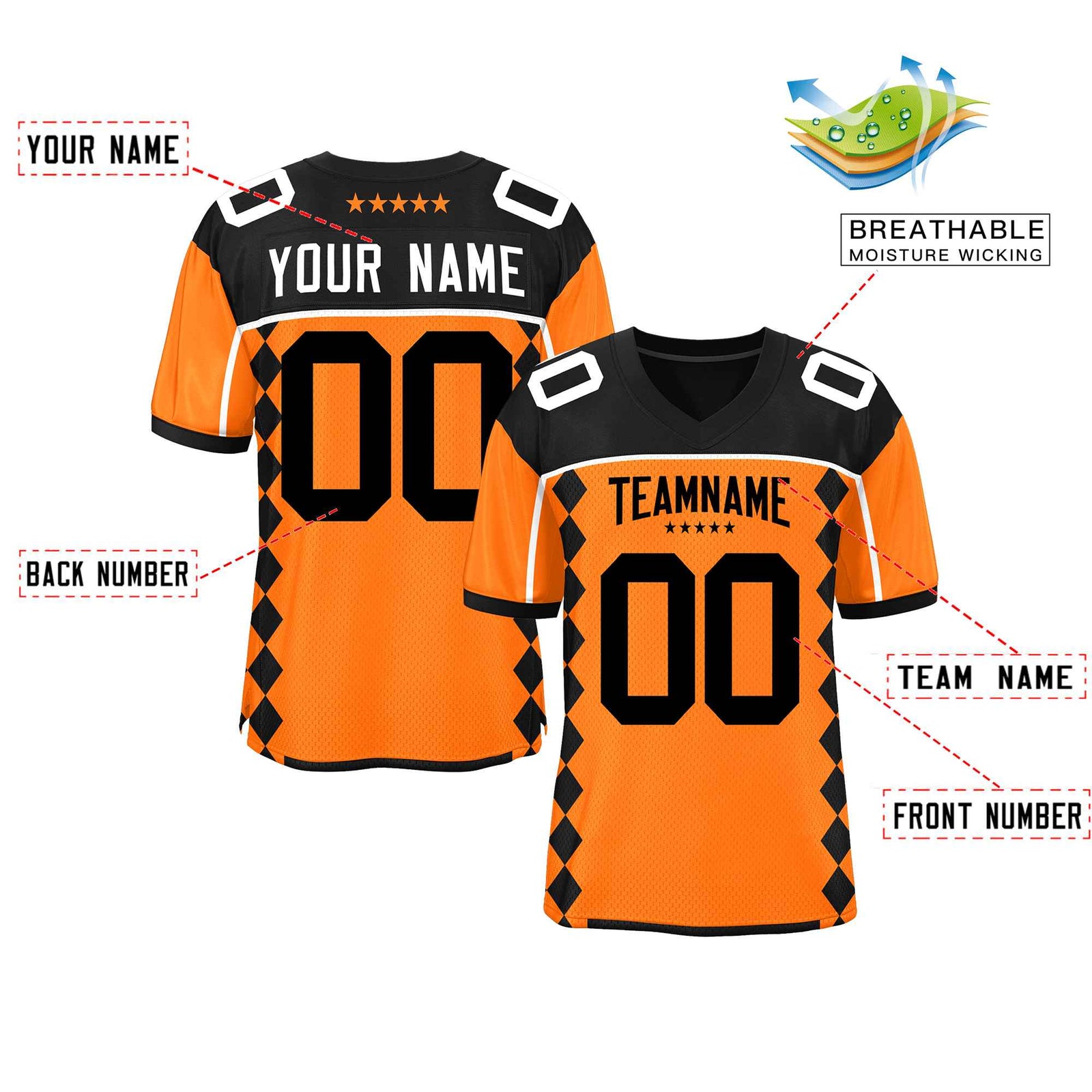Custom Black Orange Raglan Sleeves Side Blocks Pattern Authentic Football Jersey