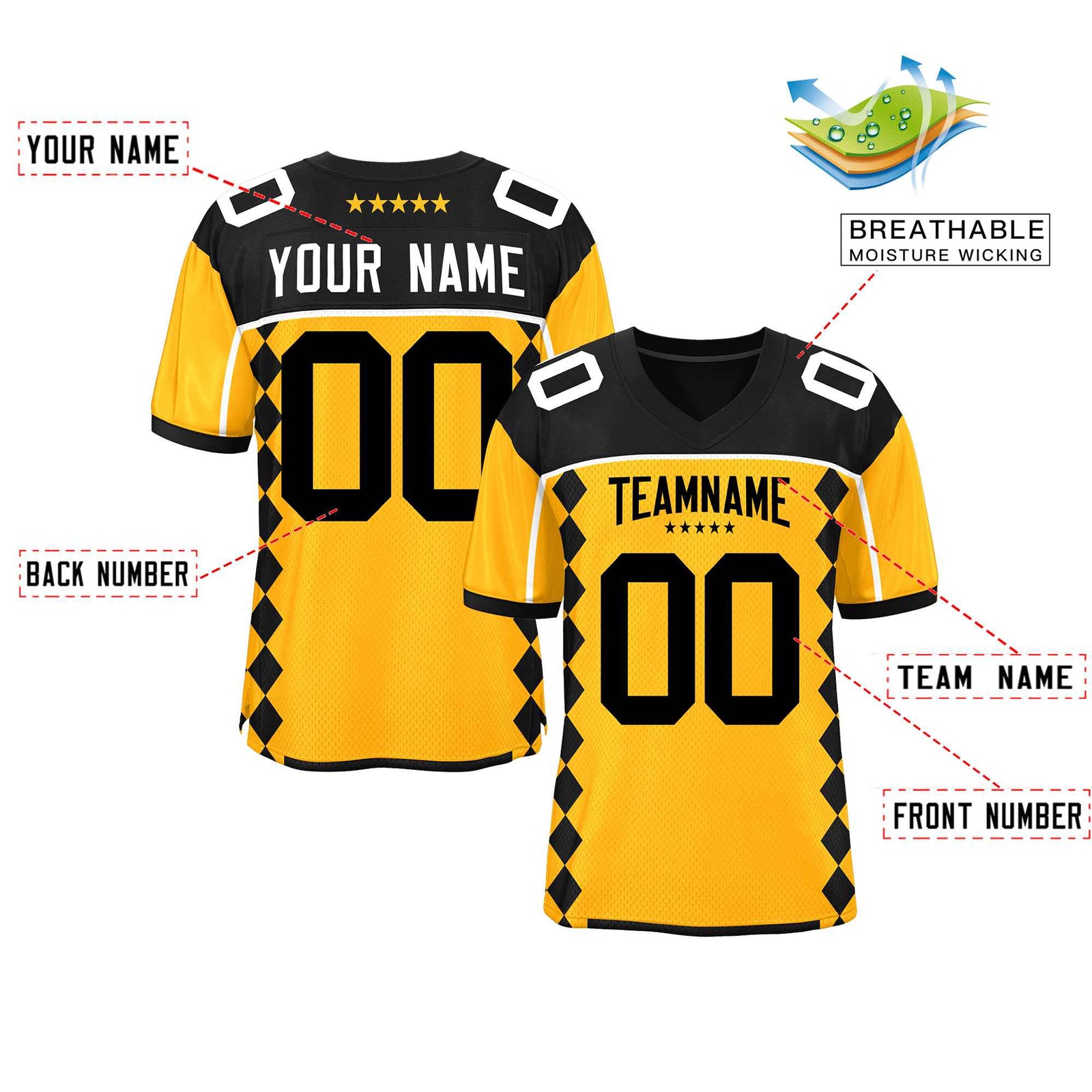 Custom Black Yellow Raglan Sleeves Side Blocks Pattern Authentic Football Jersey