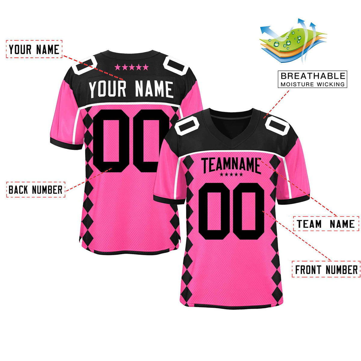 Custom Black Pink Raglan Sleeves Side Blocks Pattern Authentic Football Jersey
