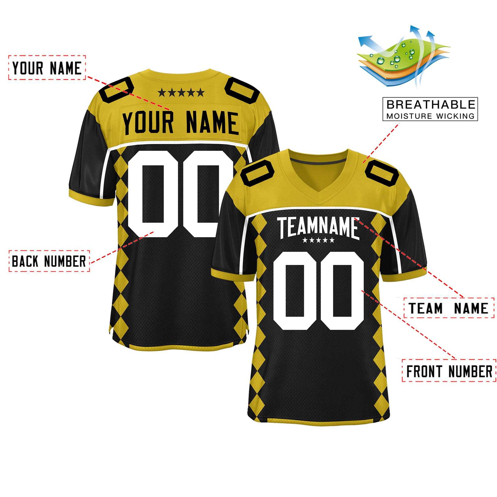 Custom Old Gold Black Raglan Sleeves Side Blocks Pattern Authentic Football Jersey