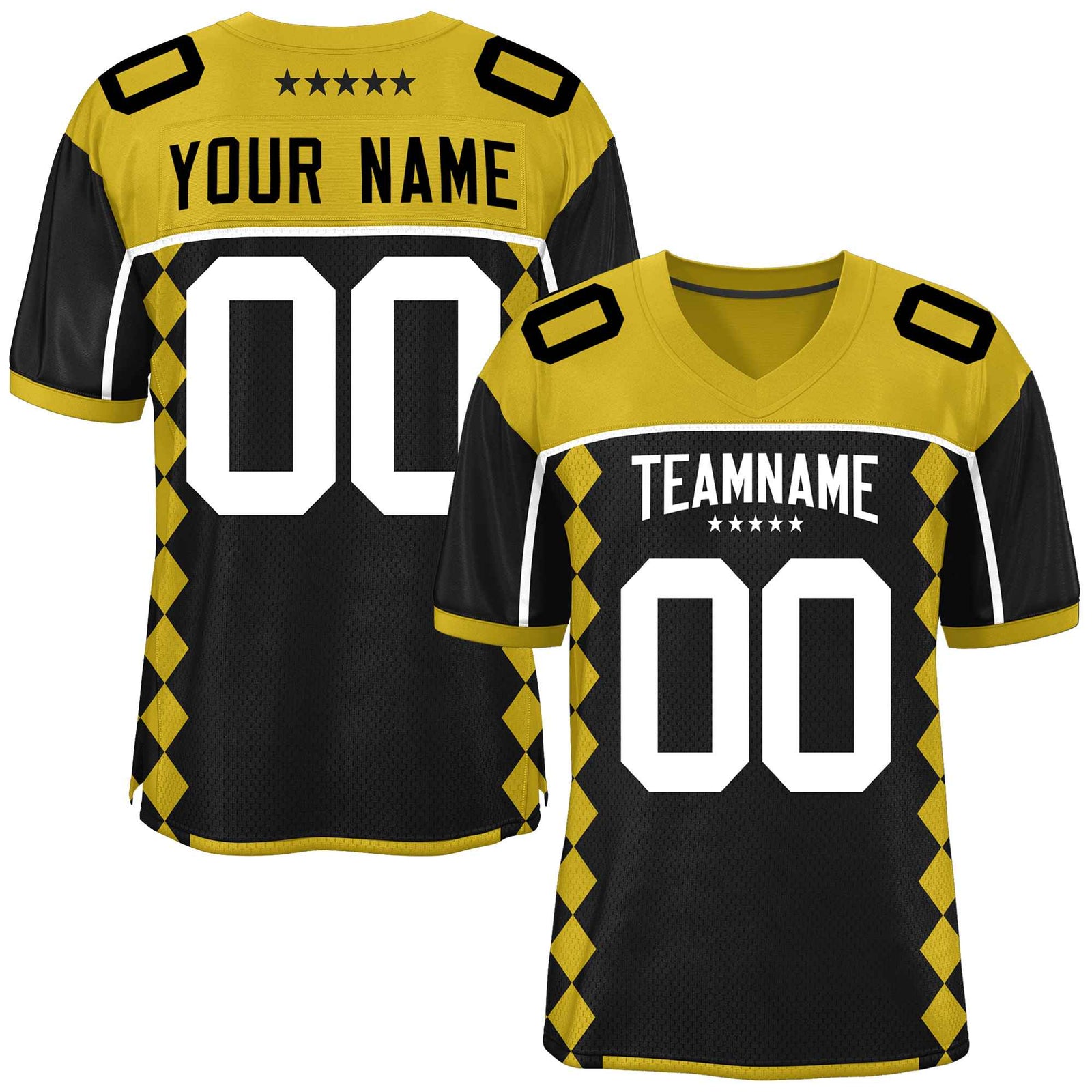 Custom Old Gold Black Raglan Sleeves Side Blocks Pattern Authentic Football Jersey