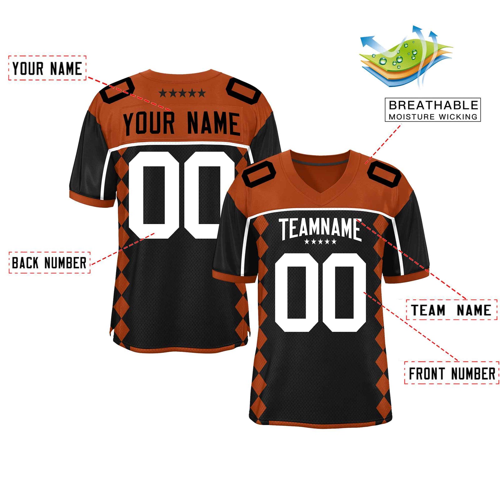 Custom Texas Orange Black Raglan Sleeves Side Blocks Pattern Authentic Football Jersey