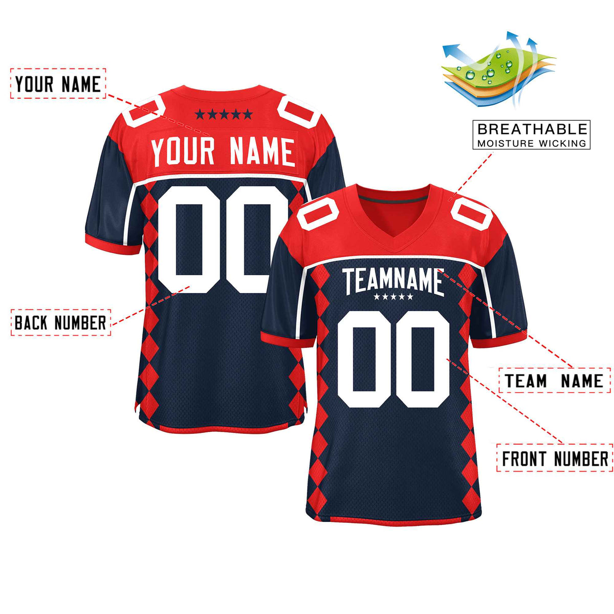 Custom Red Navy Raglan Sleeves Side Blocks Pattern Authentic Football Jersey
