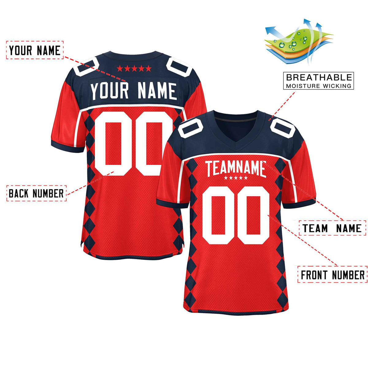 Custom Navy Red Raglan Sleeves Side Blocks Pattern Authentic Football Jersey