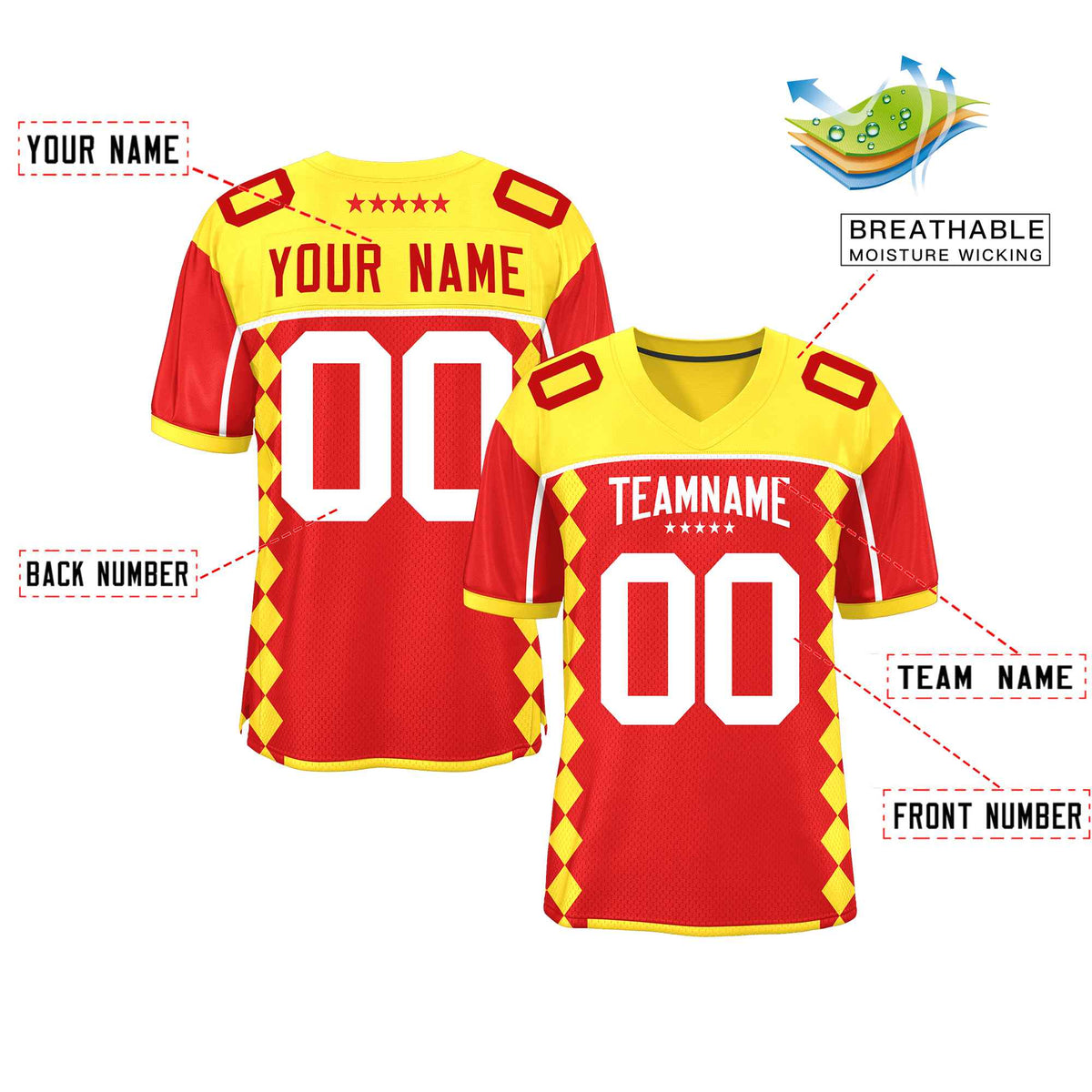 Custom Gold Red Raglan Sleeves Side Blocks Pattern Authentic Football Jersey