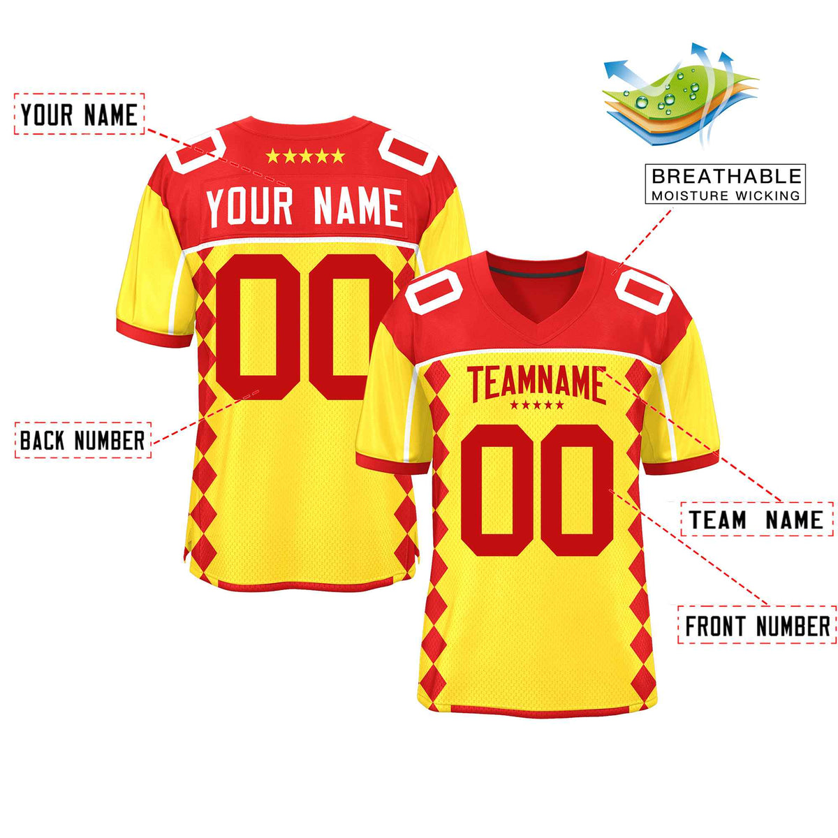 Custom Red Gold Raglan Sleeves Side Blocks Pattern Authentic Football Jersey