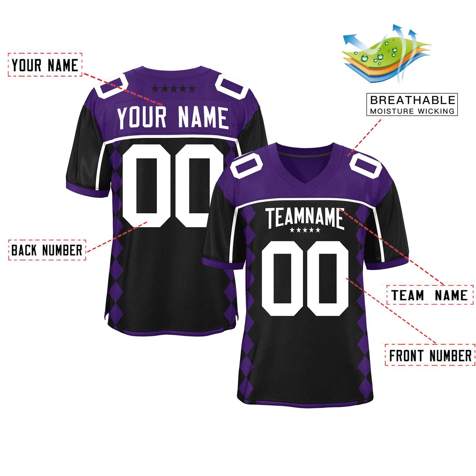 Custom Purple Black Raglan Sleeves Side Blocks Pattern Authentic Football Jersey