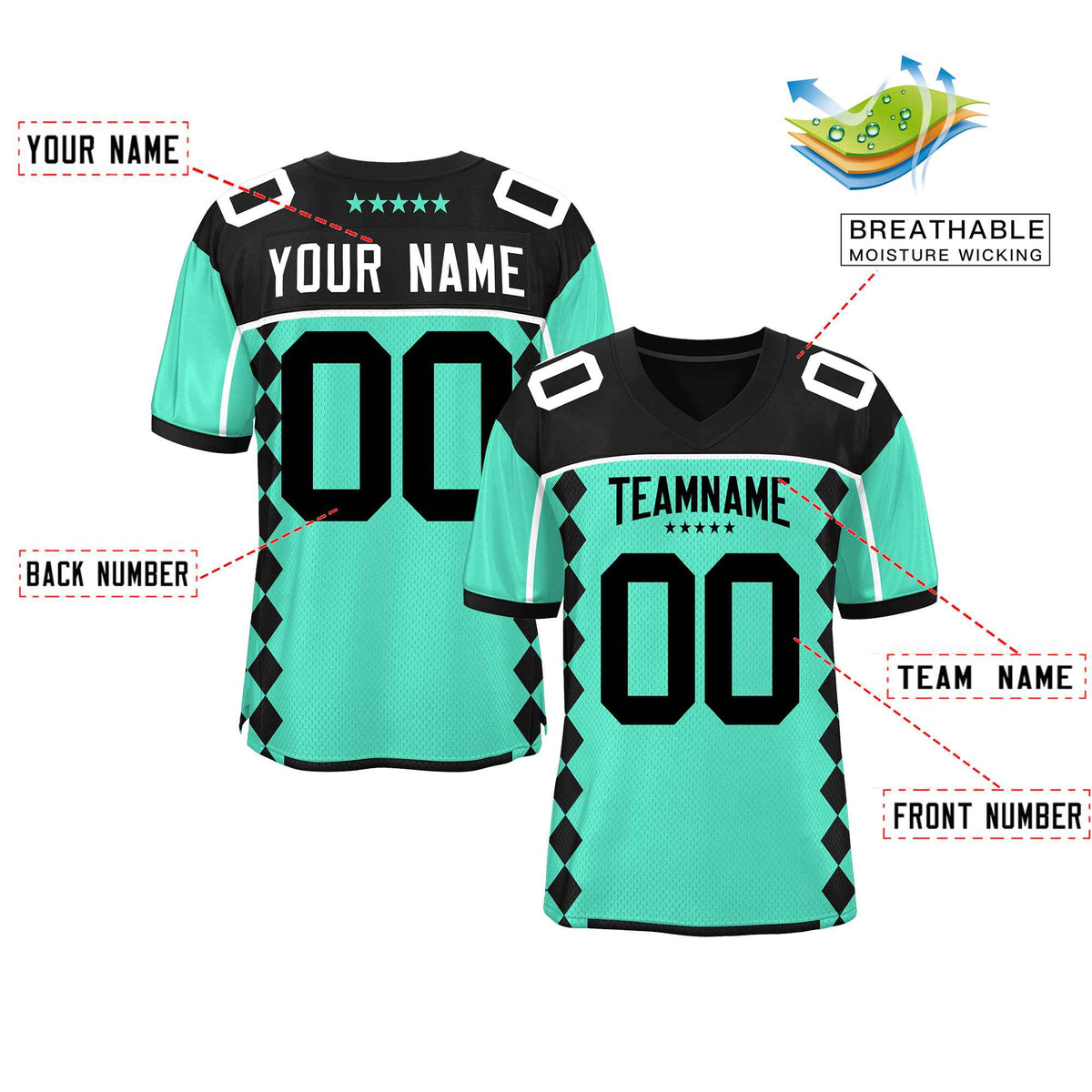 Custom Black Bright Green Raglan Sleeves Side Blocks Pattern Authentic Football Jersey