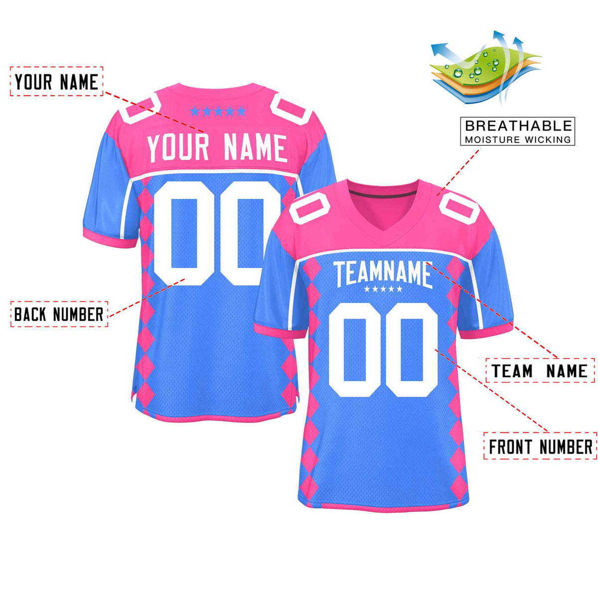 Custom Pink Powder Blue Raglan Sleeves Side Blocks Pattern Authentic Football Jersey