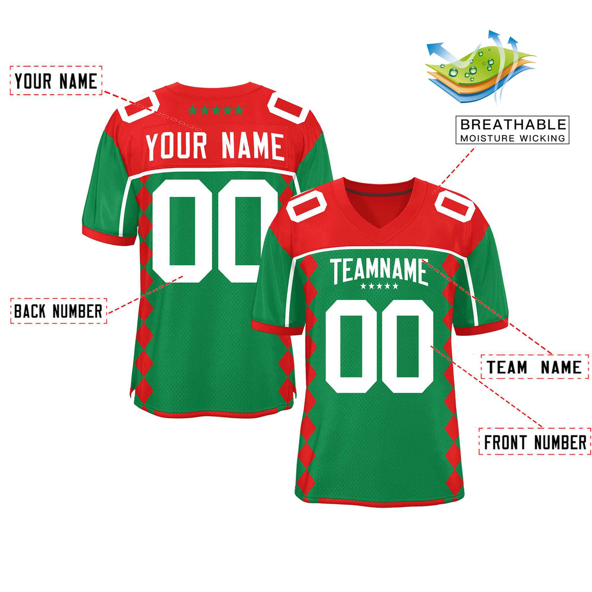 Custom Red Kelly Green Raglan Sleeves Side Blocks Pattern Authentic Football Jersey