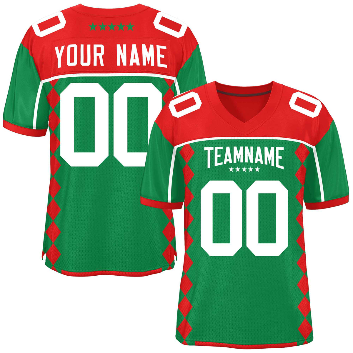 Custom Red Kelly Green Raglan Sleeves Side Blocks Pattern Authentic Football Jersey